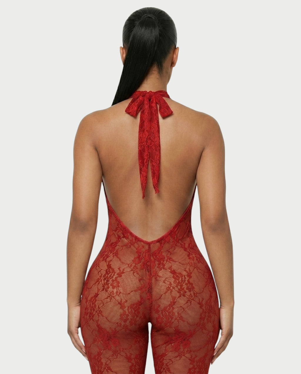QIRELLA Sheer Lace Backless Bodycon Jumpsuit