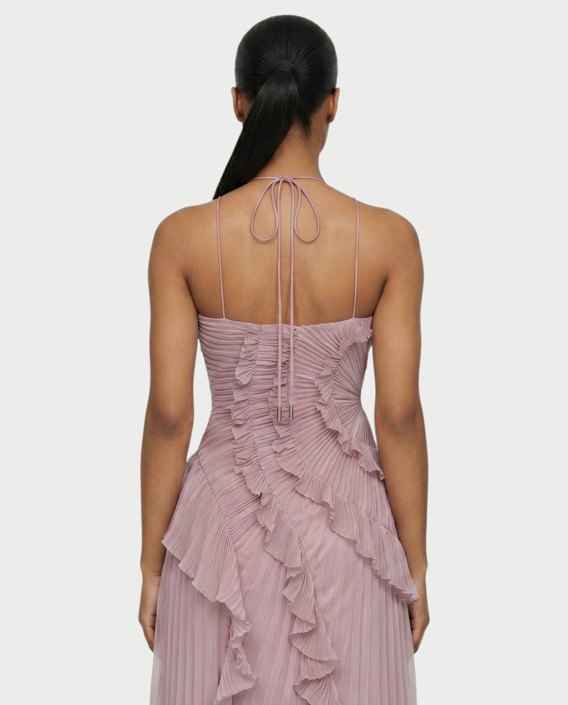 XYLORIA Chiffon Pleated Ruffle Asymmetrical Maxi Dress