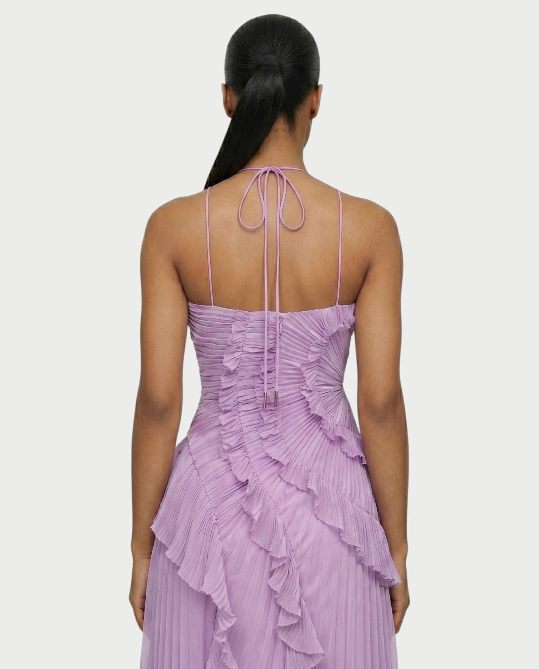 XYLORIA Chiffon Pleated Ruffle Asymmetrical Maxi Dress