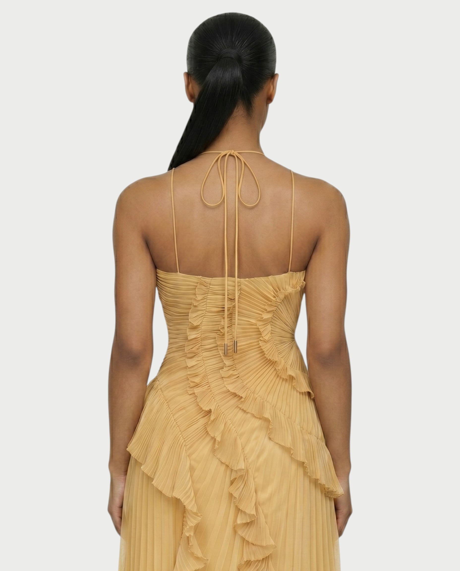 XYLORIA Chiffon Pleated Ruffle Asymmetrical Maxi Dress