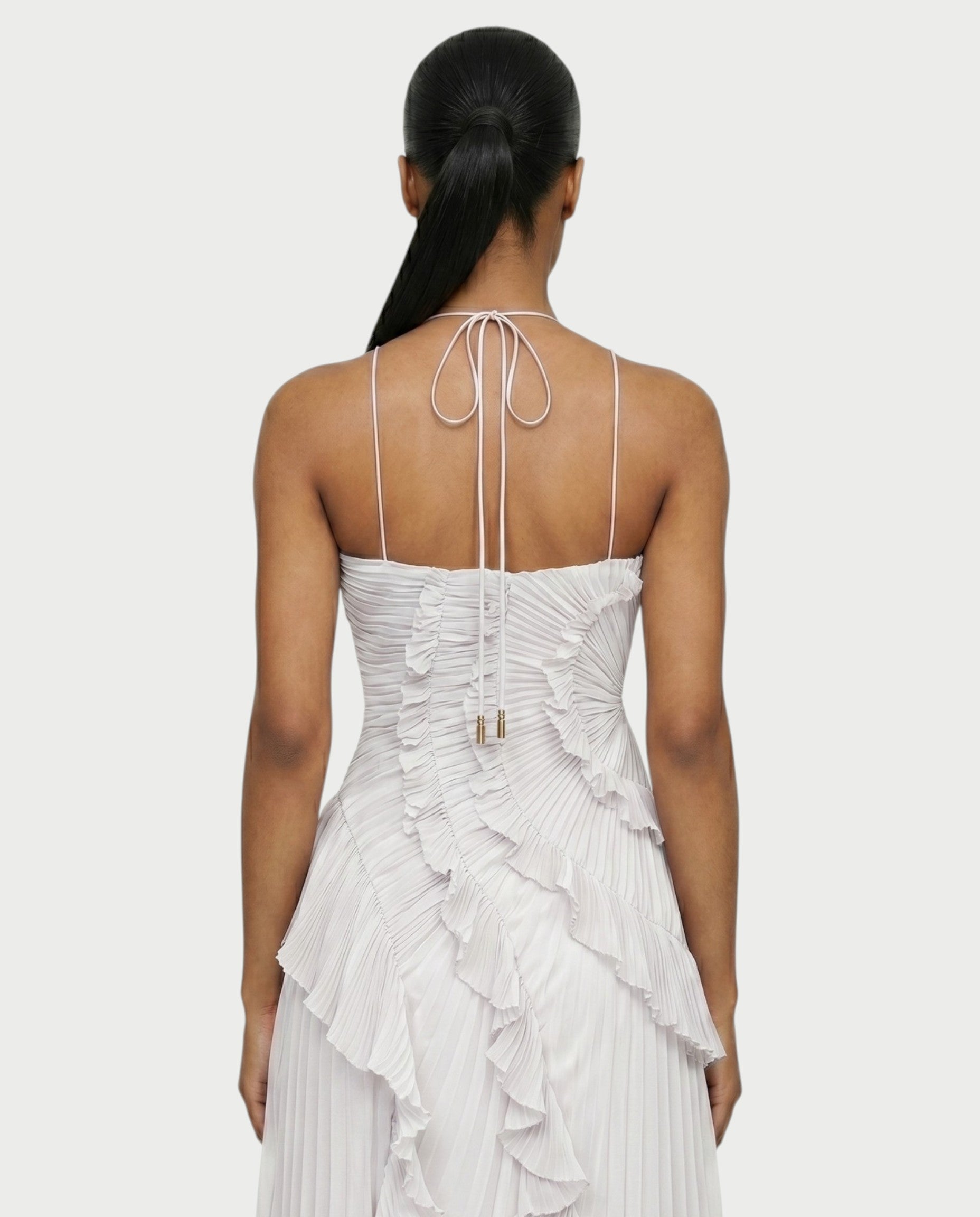 XYLORIA Chiffon Pleated Ruffle Asymmetrical Maxi Dress