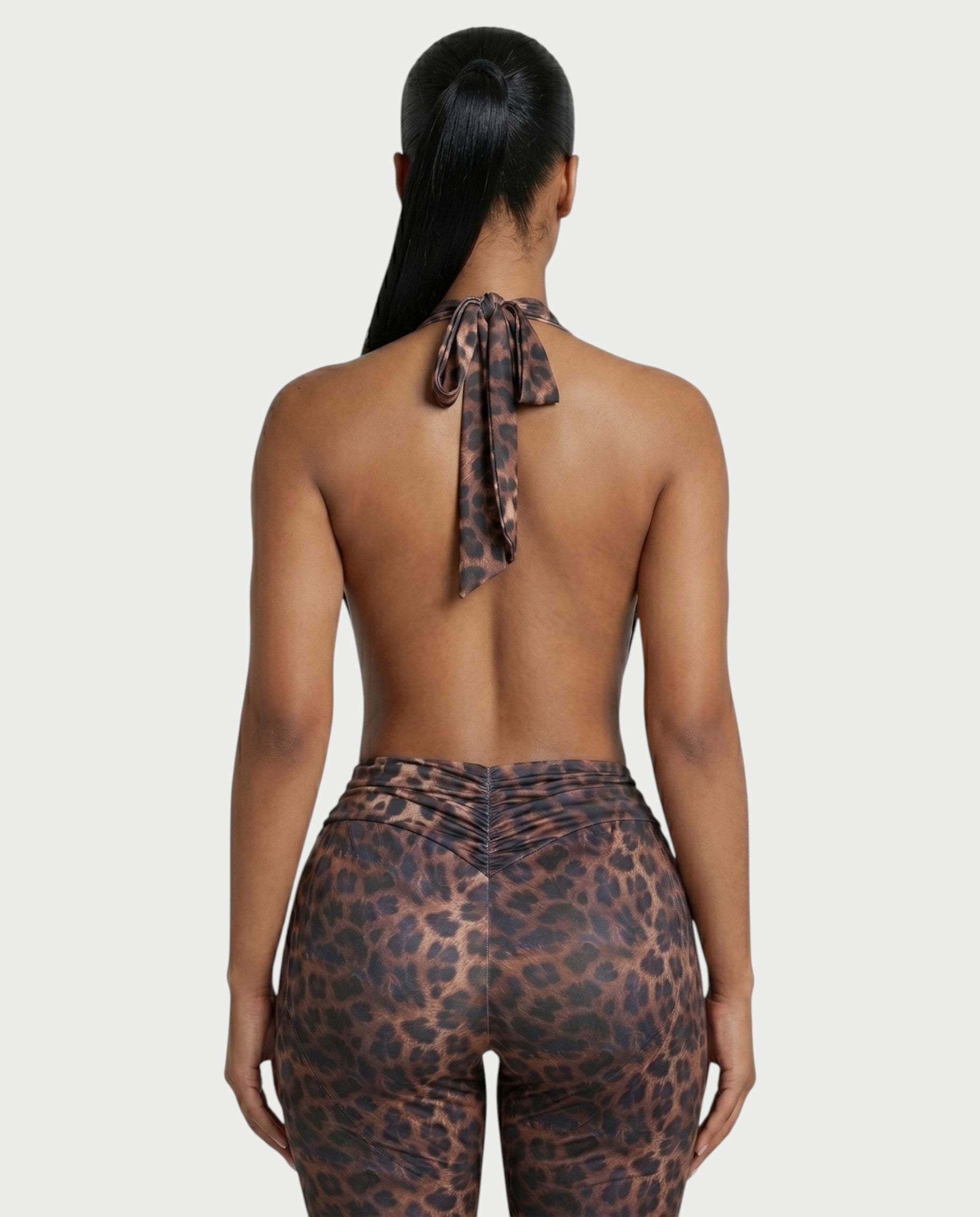 LERONA Leopard Plunging Halter Capri Romper