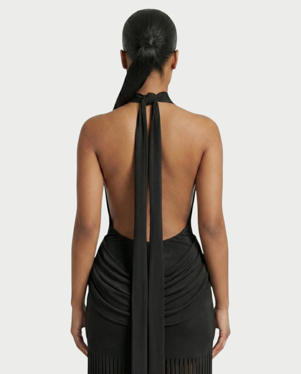 HIRANA Halter Neck Draped Fringe Maxi Dress