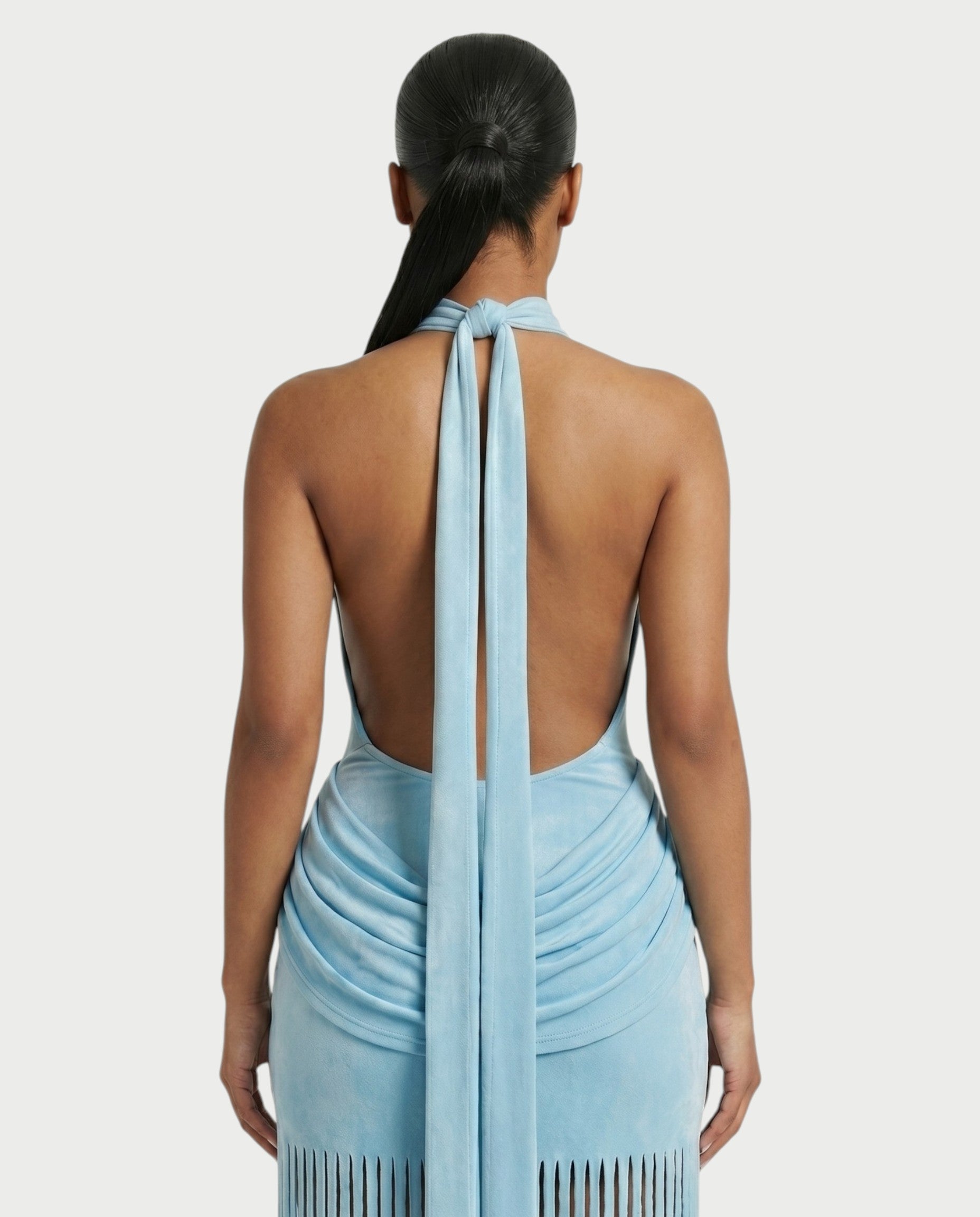 HIRANA Halter Neck Draped Fringe Maxi Dress