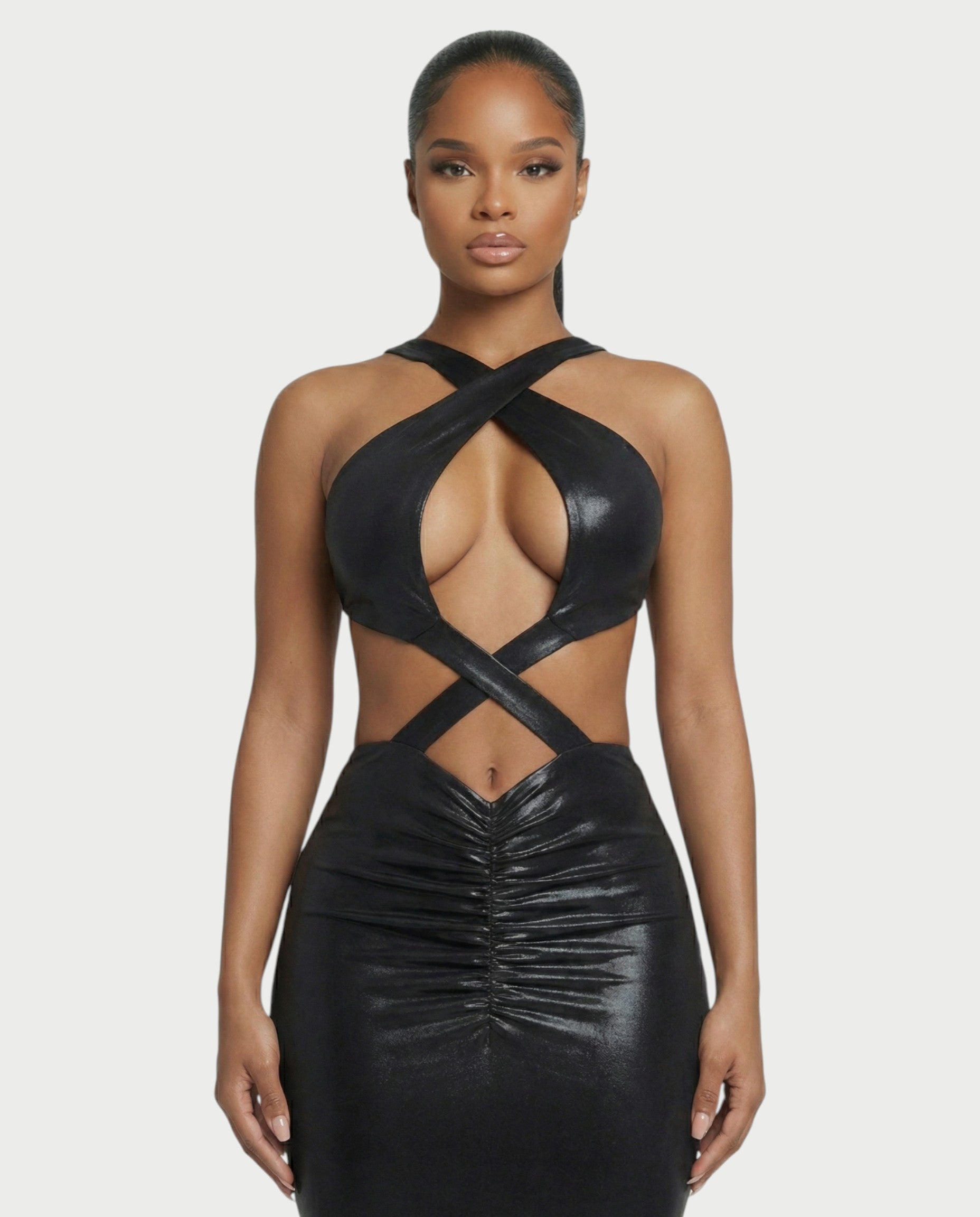 RINEYA Metallic Cutout Halter Neck Maxi Dress