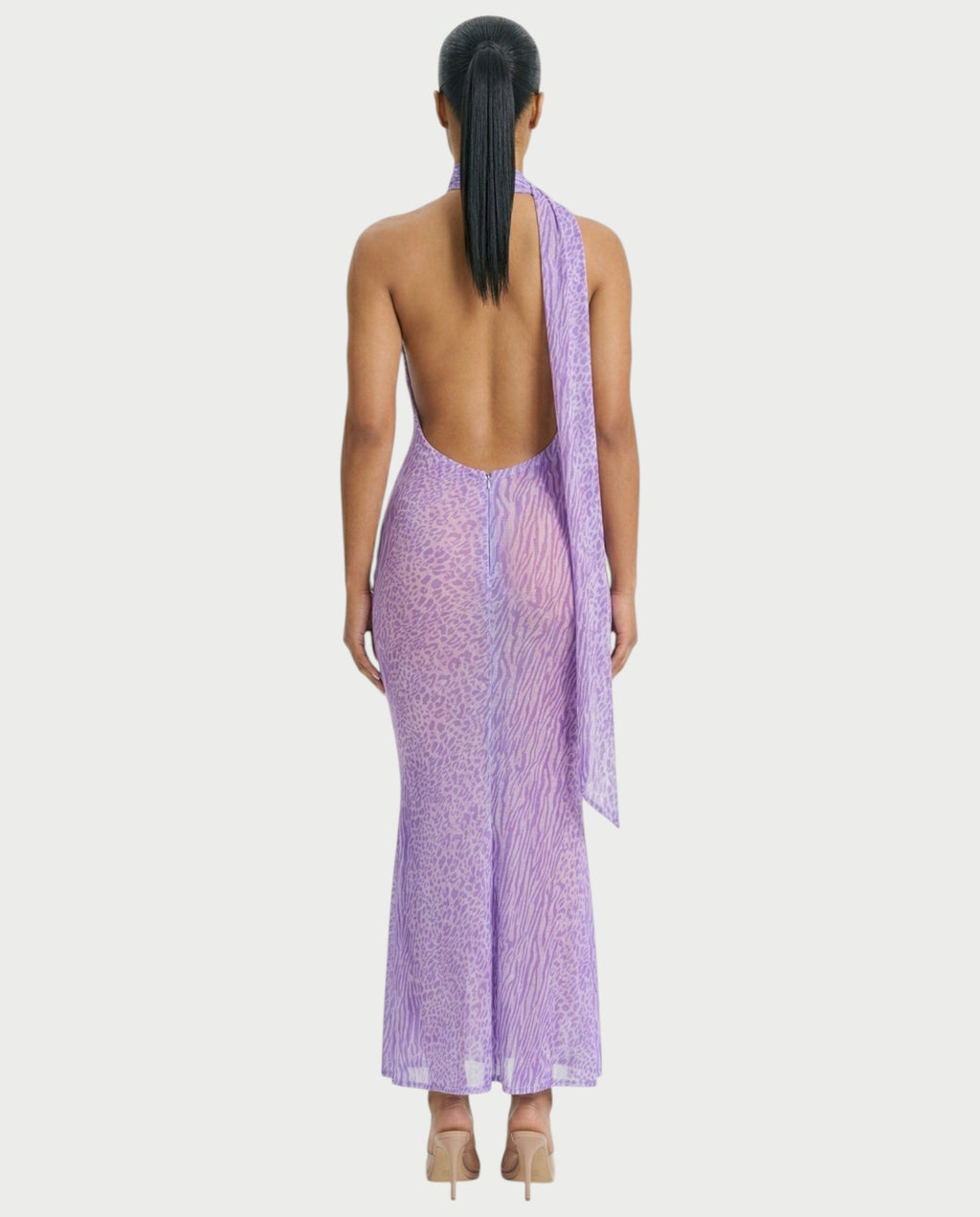 HAYANA Sheer Leopard Scarf Detail Backless Maxi Dress