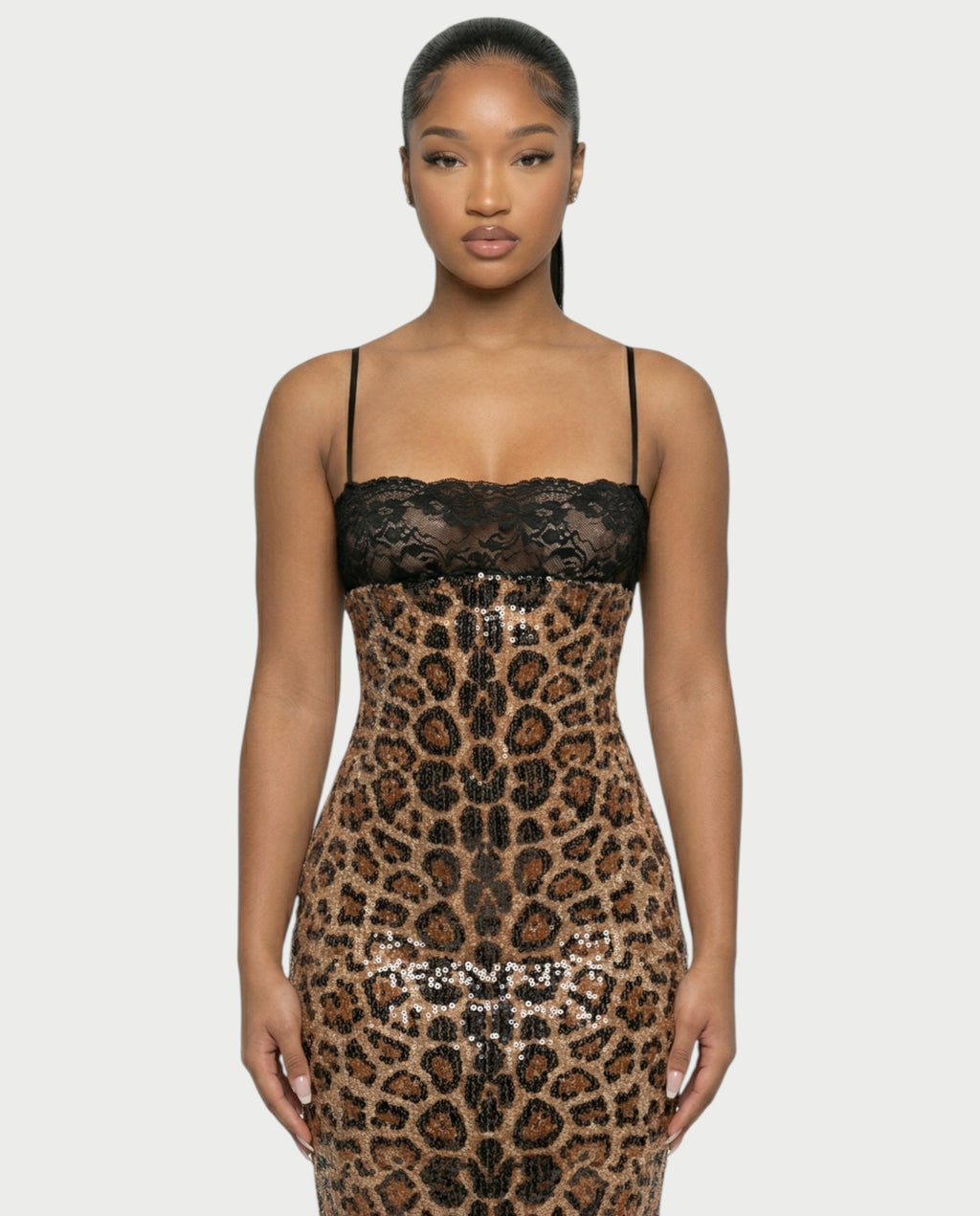 EVORA Leopard Sequin Lace-Bust Midi Dress