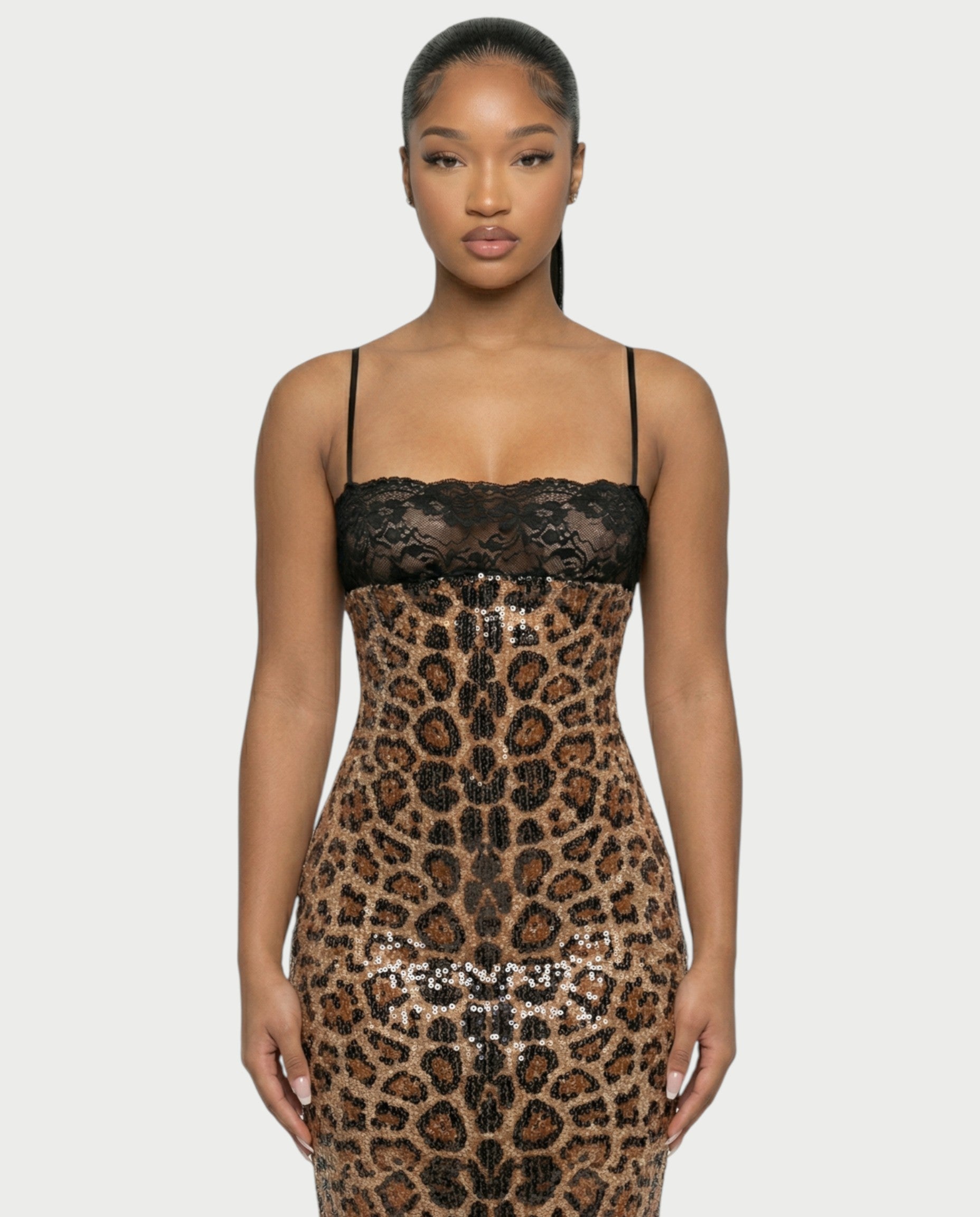 EVORA Leopard Sequin Lace-Bust Midi Dress