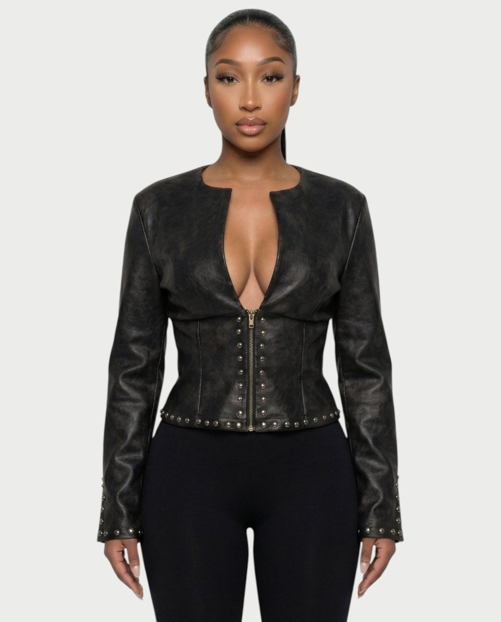 CORRY Studded Zip Leather Jacket
