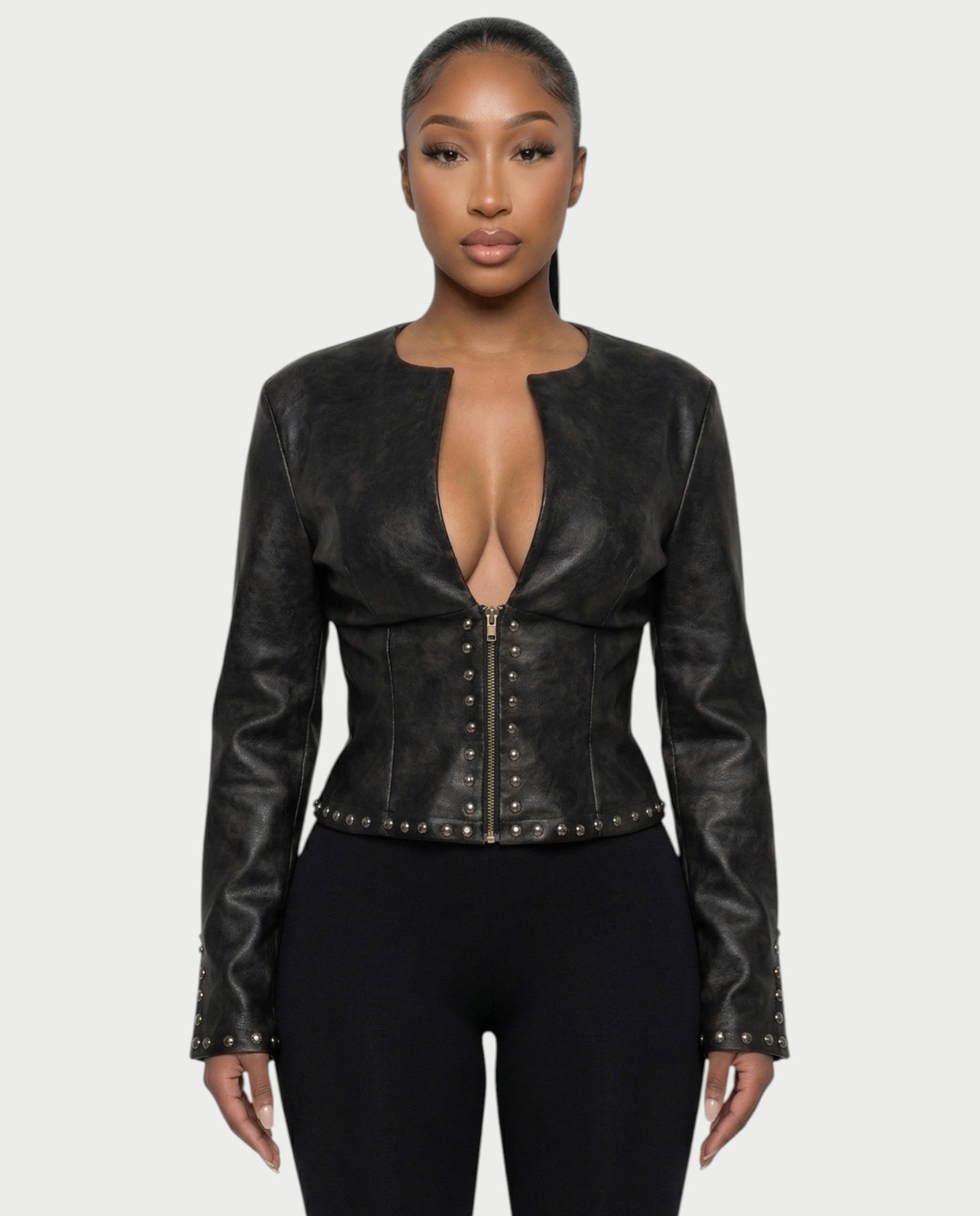 CORRY Studded Zip Leather Jacket