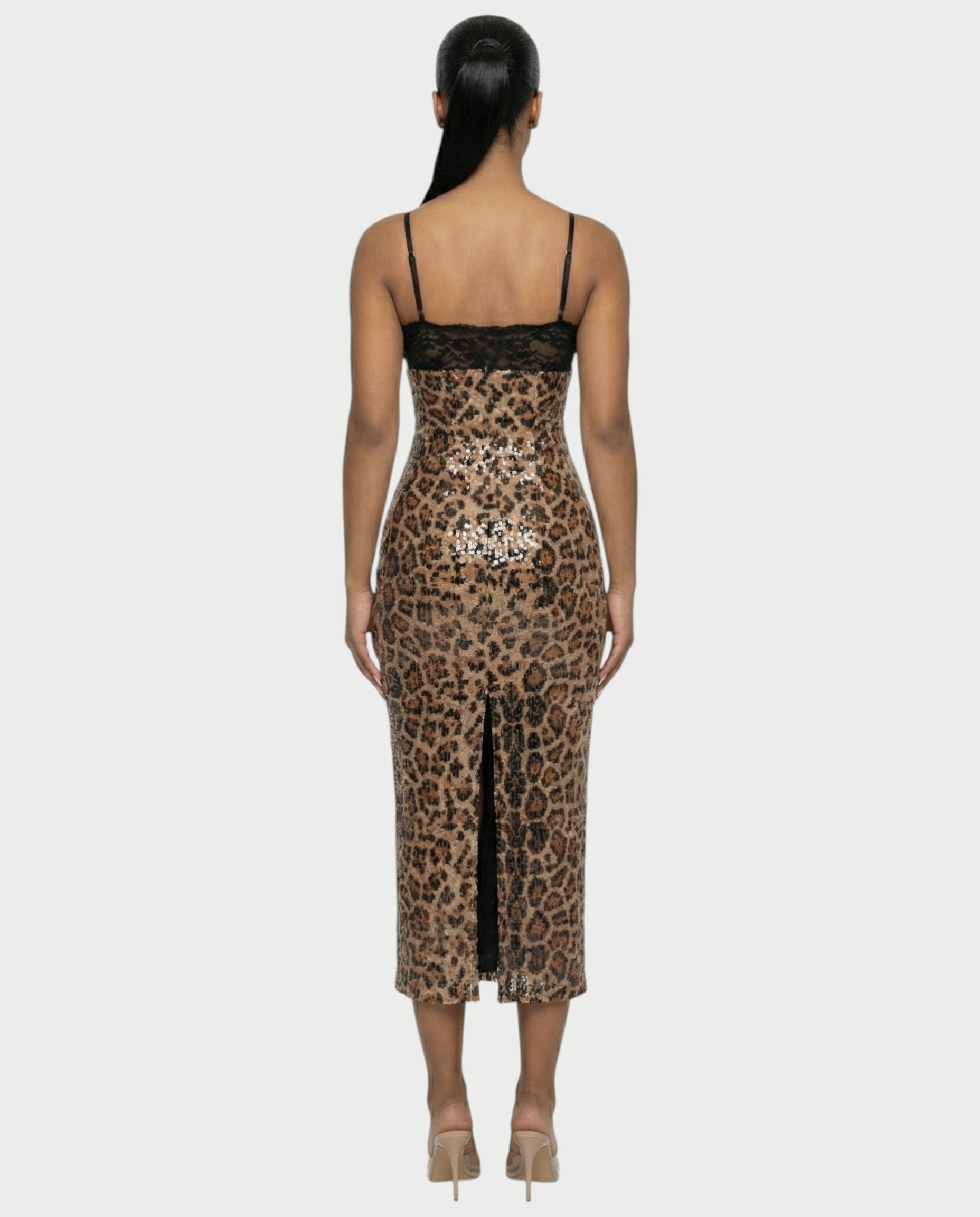 EVORA Leopard Sequin Lace-Bust Midi Dress