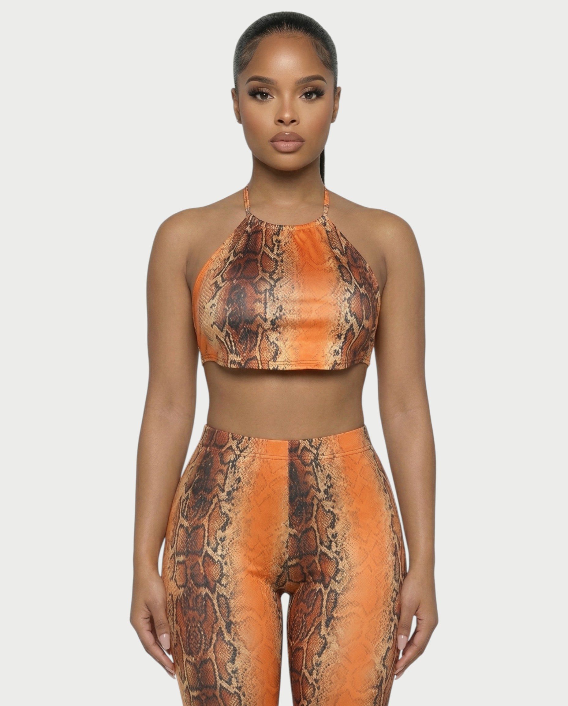 FLORA Snake Print Halter Crop Top & Capri Pants Set