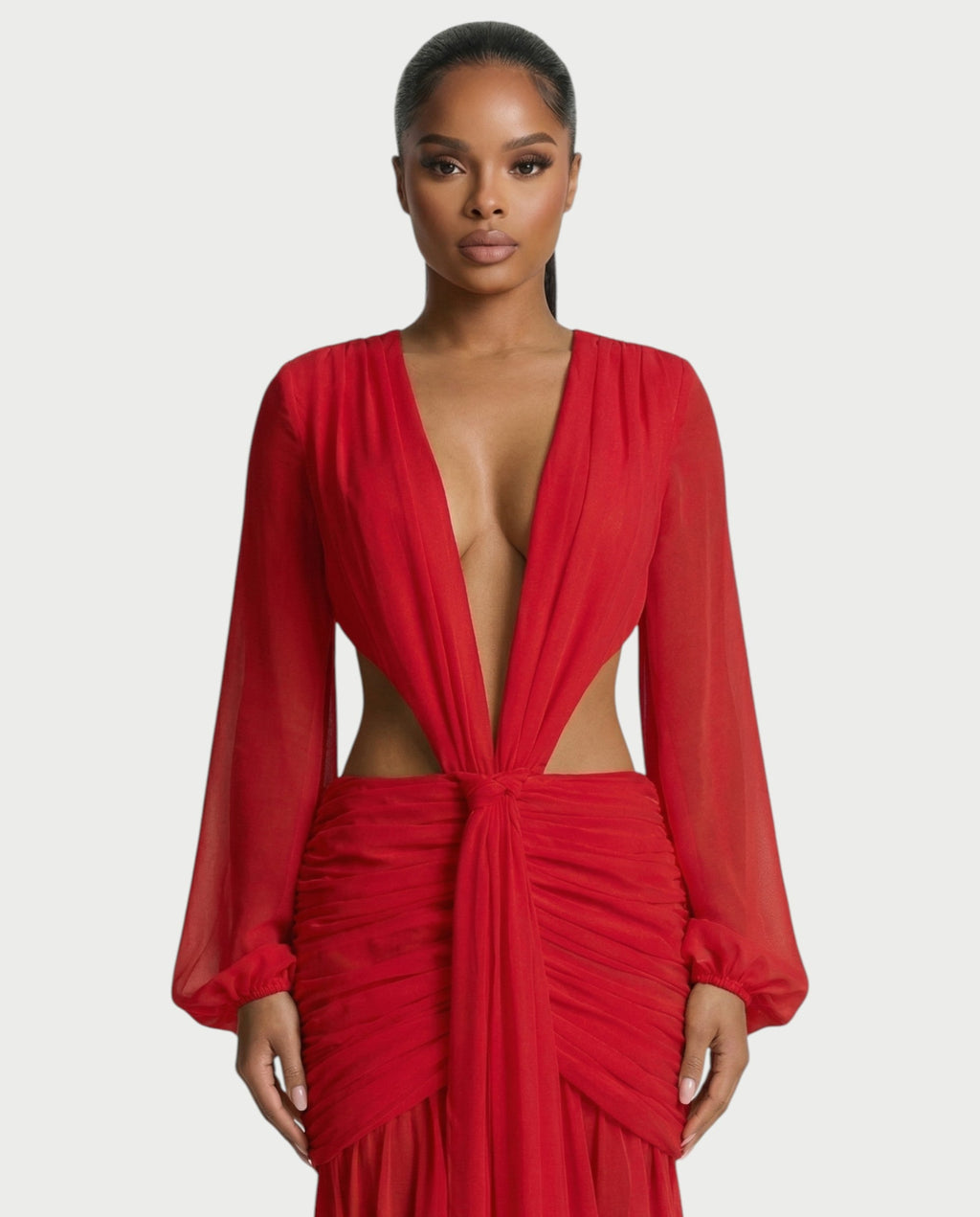 RAIZA Open Back Draped Chiffon Maxi Dress