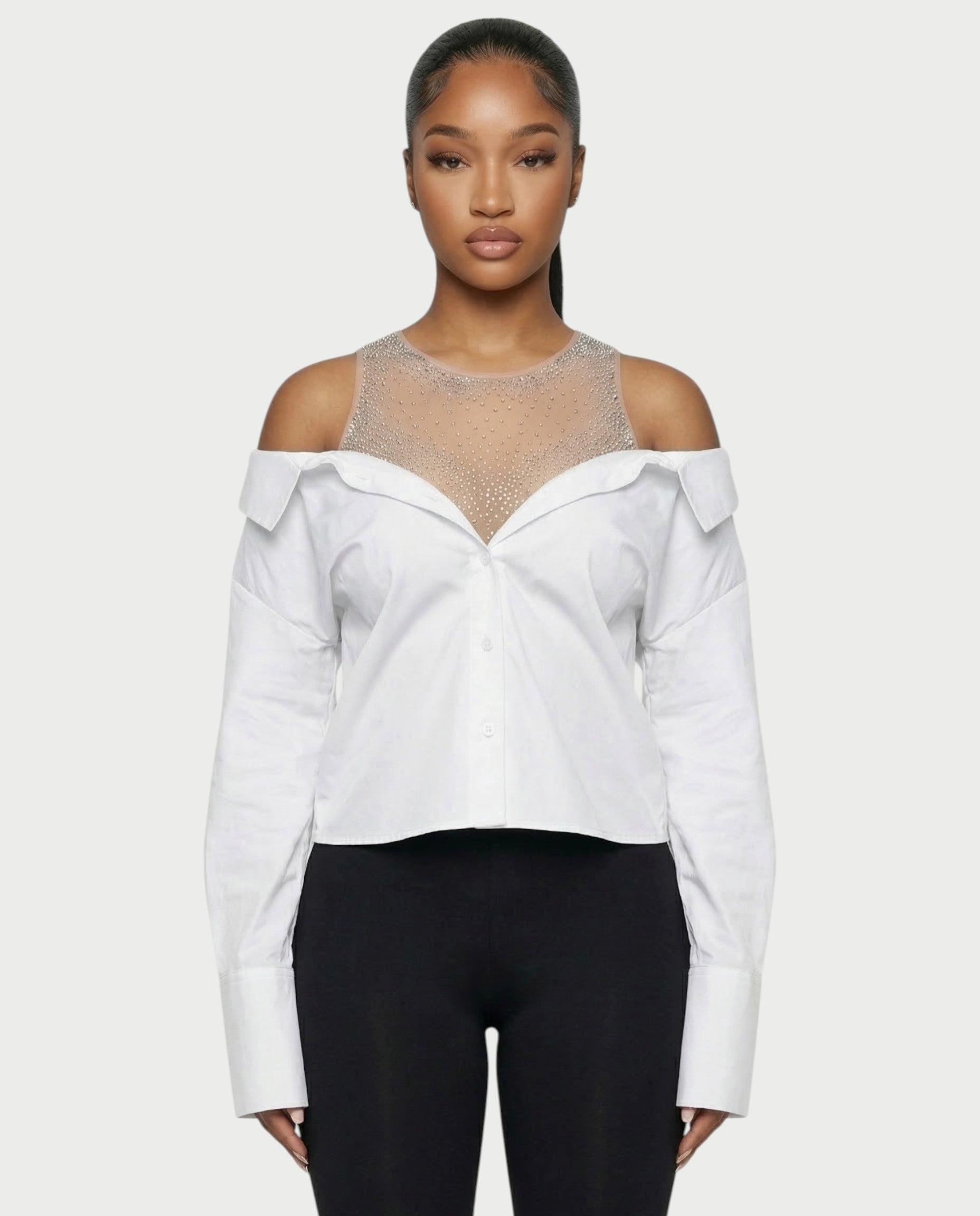 LAINE Off-Shoulder Rhinestone Shirt Top