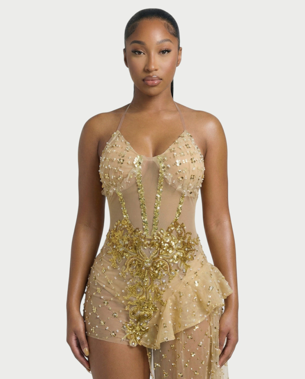 HESUYA Side Tulle Sequin Mini Dress