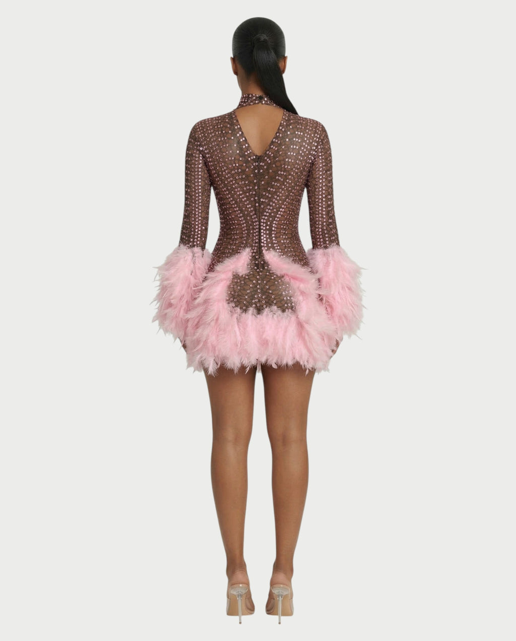 VINA Sheer Crystal Feather Trim Mini Dress