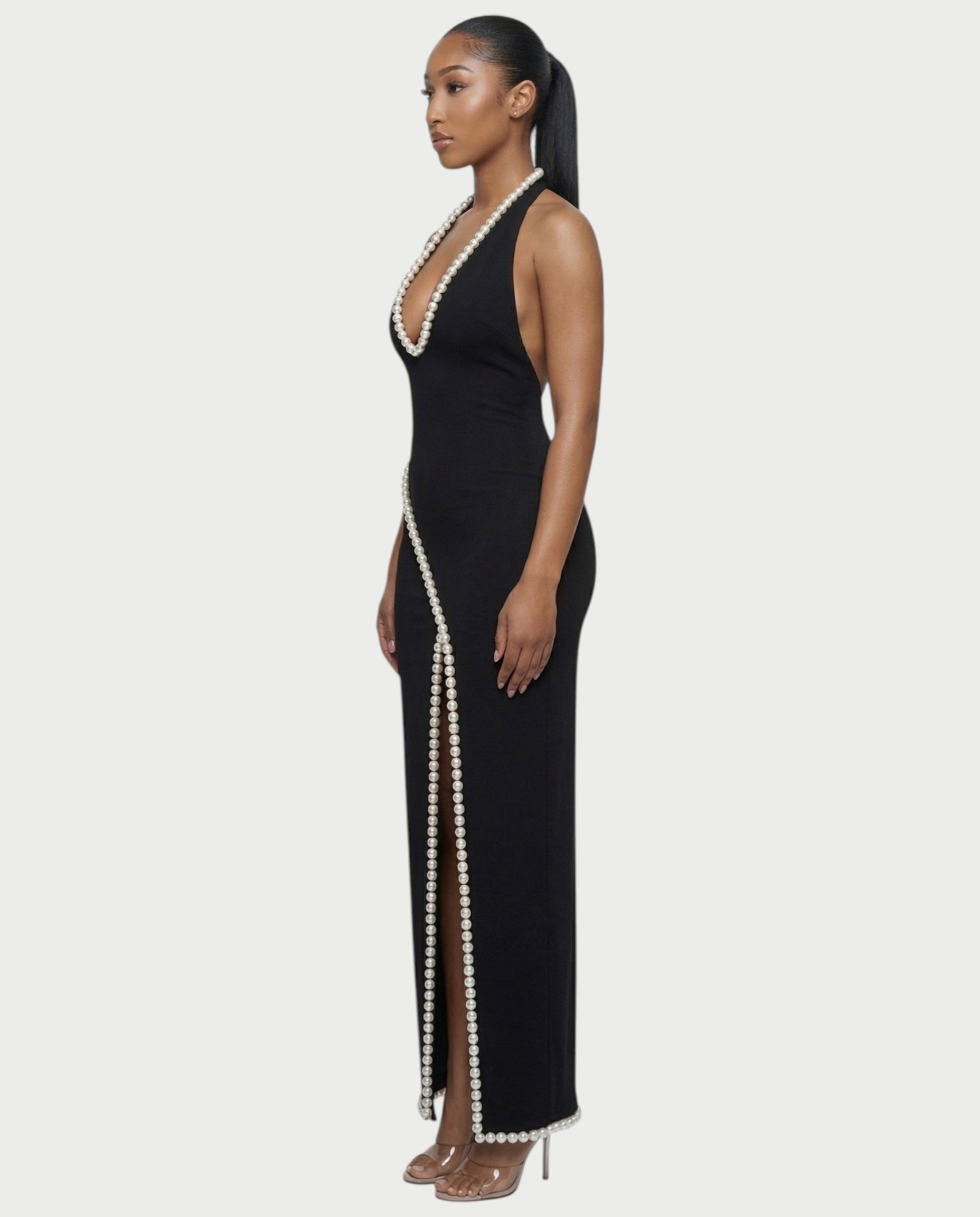 VIDA Pearl-Trim Halter Slit Maxi Dress