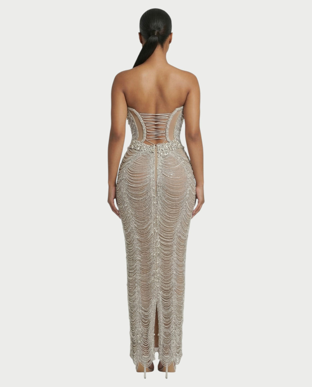 LORIN Crystal Chain Lace-Up Back Maxi Dress