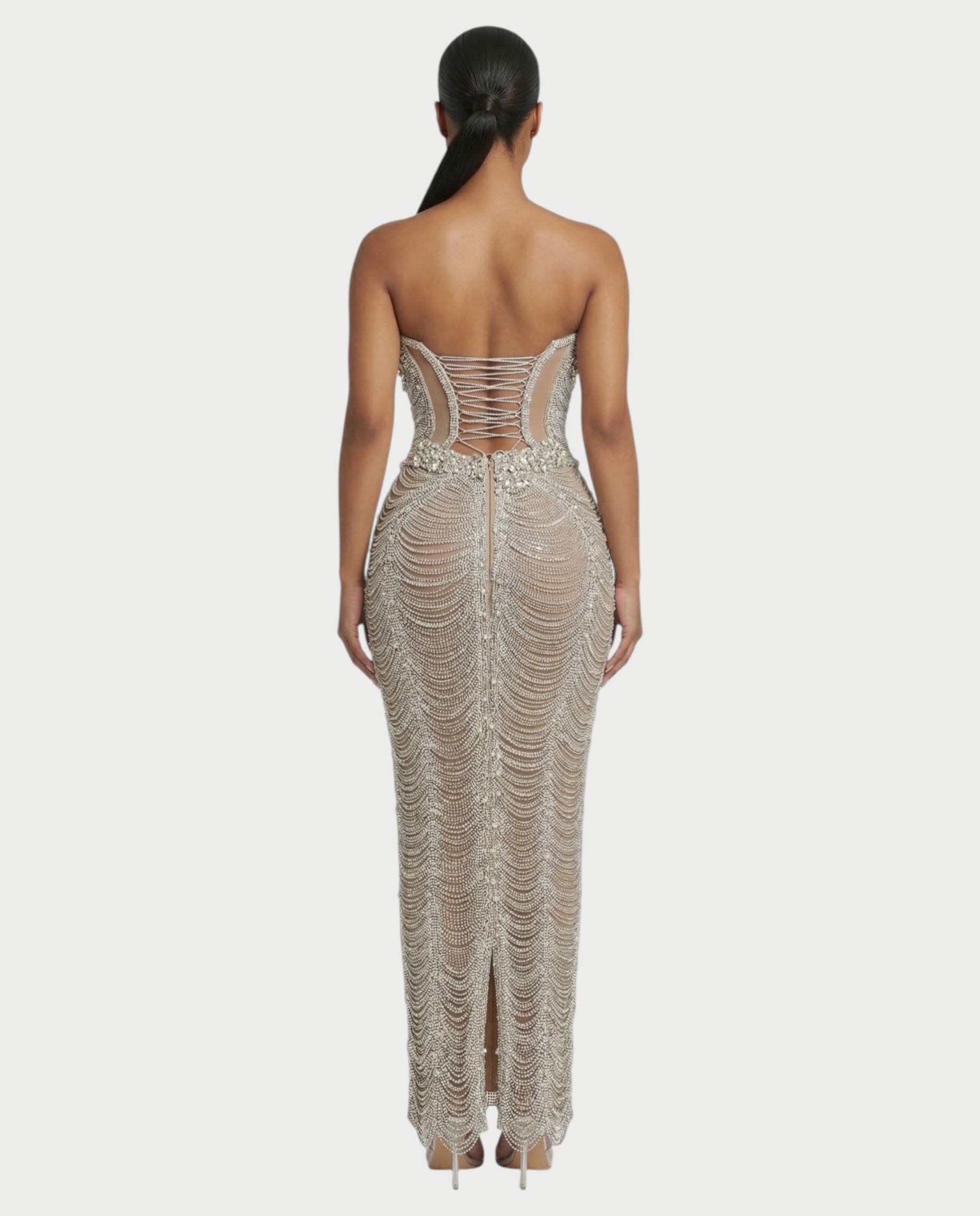 LORIN Crystal Chain Lace-Up Back Maxi Dress