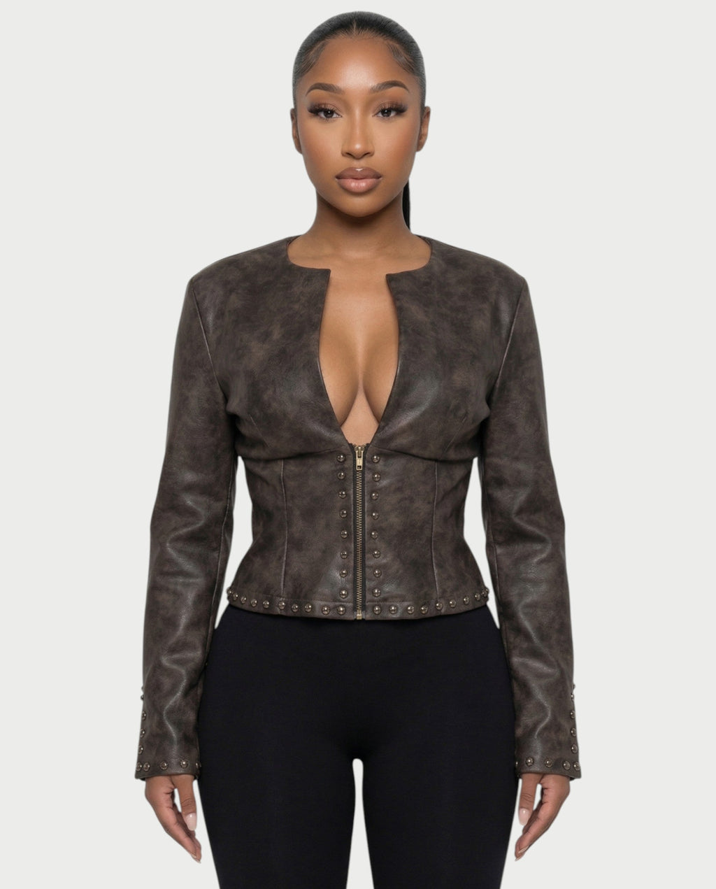 CORRY Studded Zip Leather Jacket