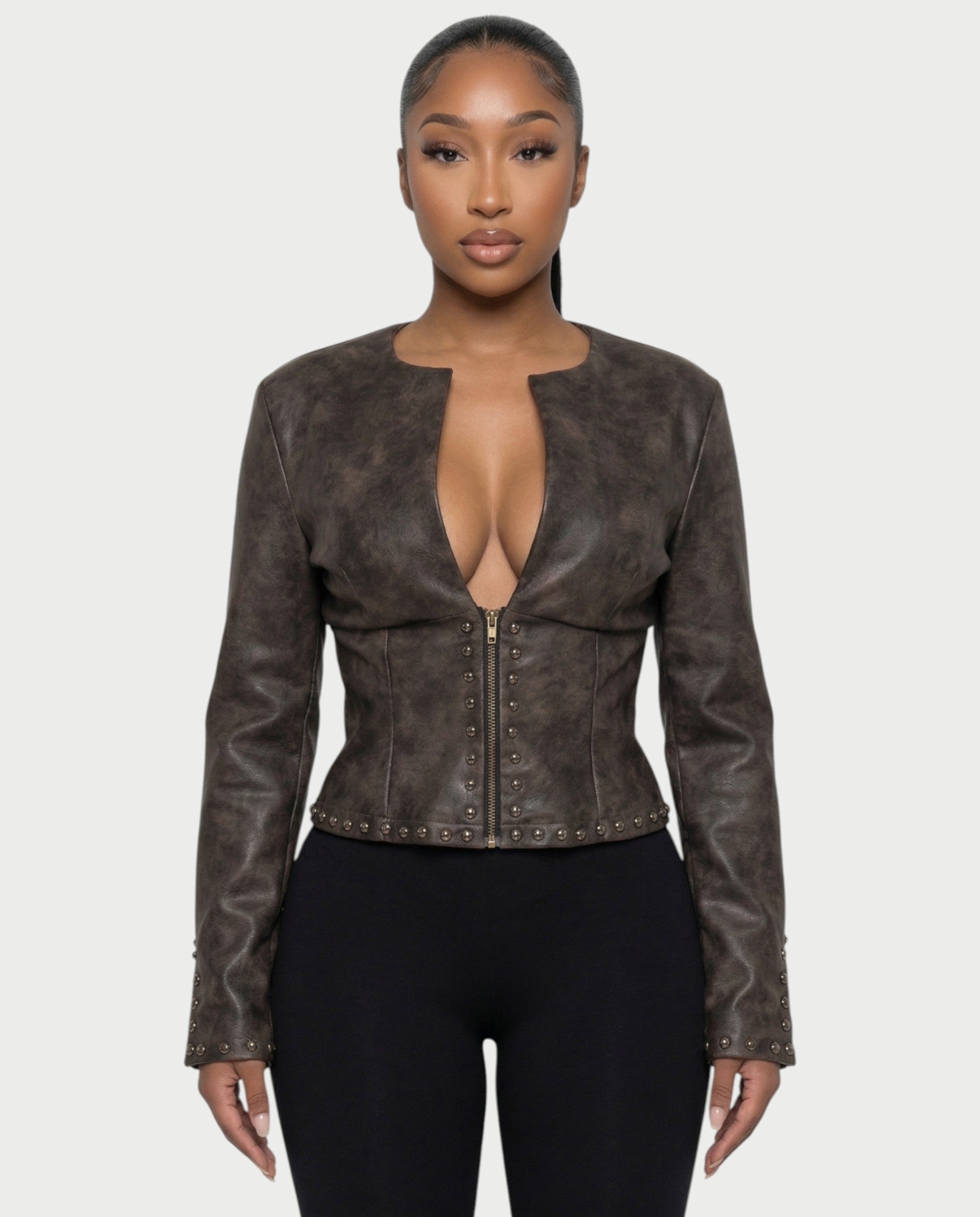 CORRY Studded Zip Leather Jacket