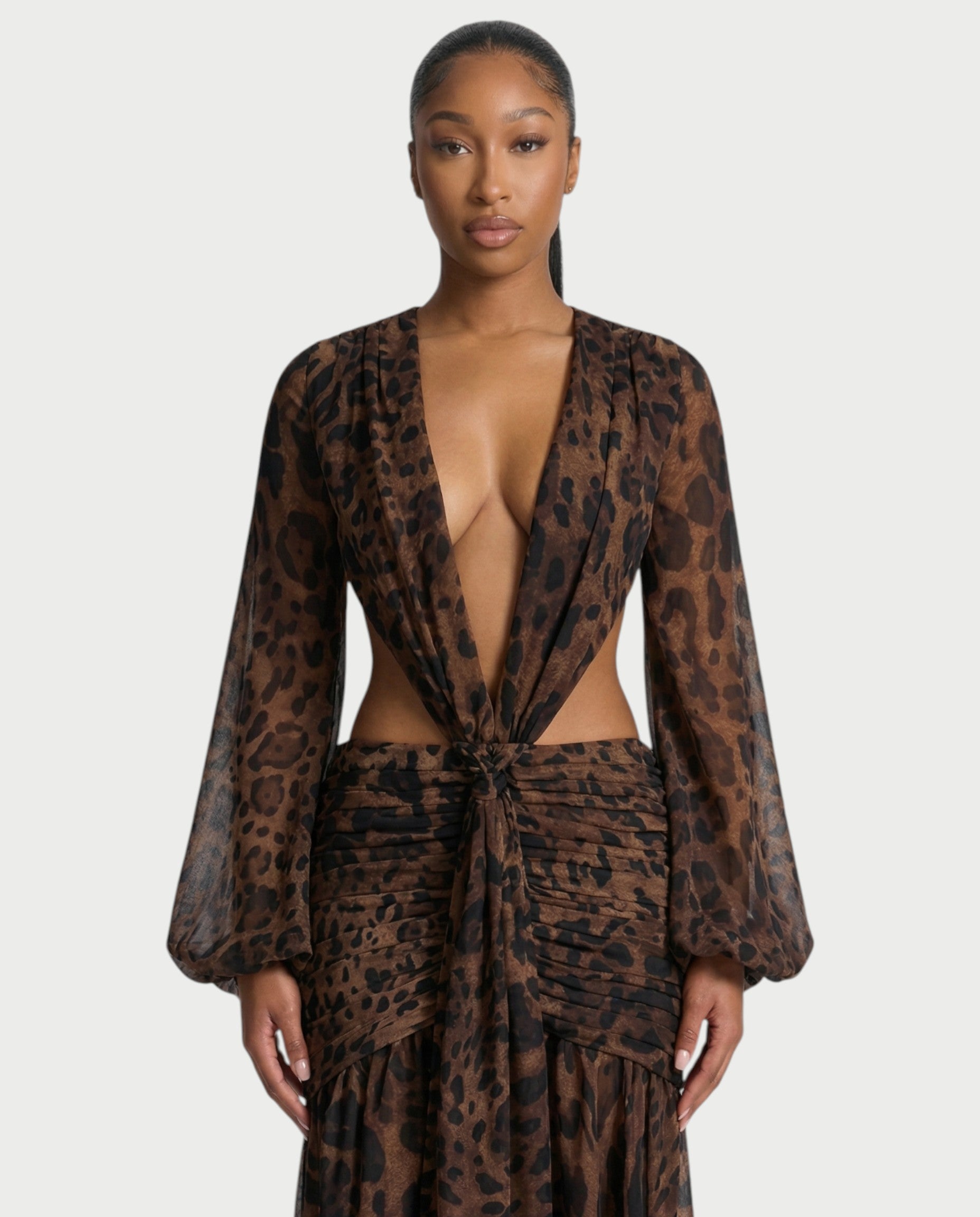 RAIZA Leopard Open Back Chiffon Maxi Dress