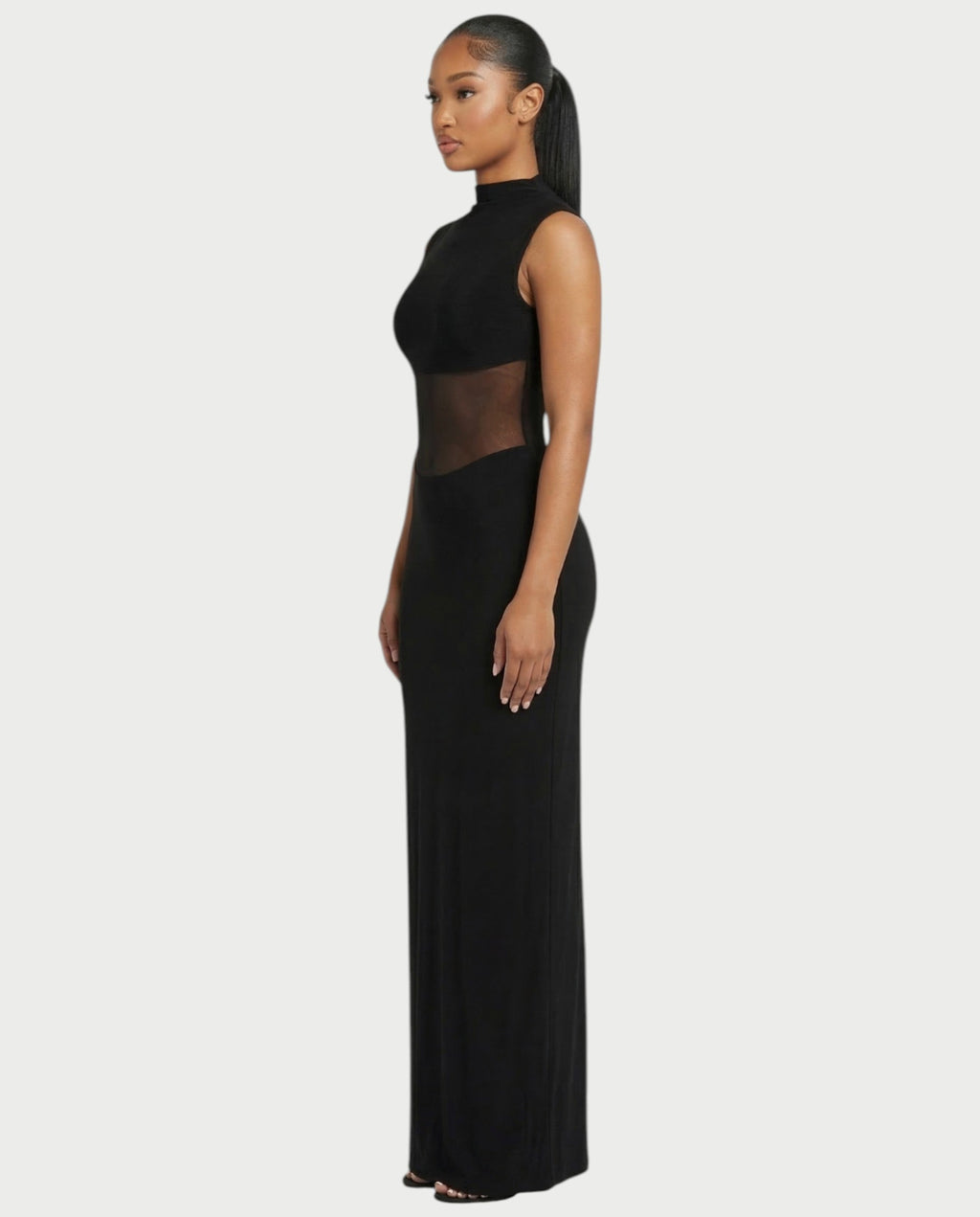 DELTA Sheer Panel Mock-Neck Bodycon Maxi Dress