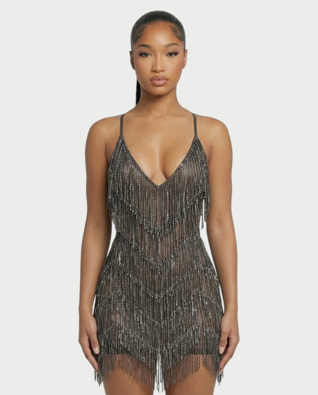 KRISSE Backless Crystal Diamond Tassel Mini Dress