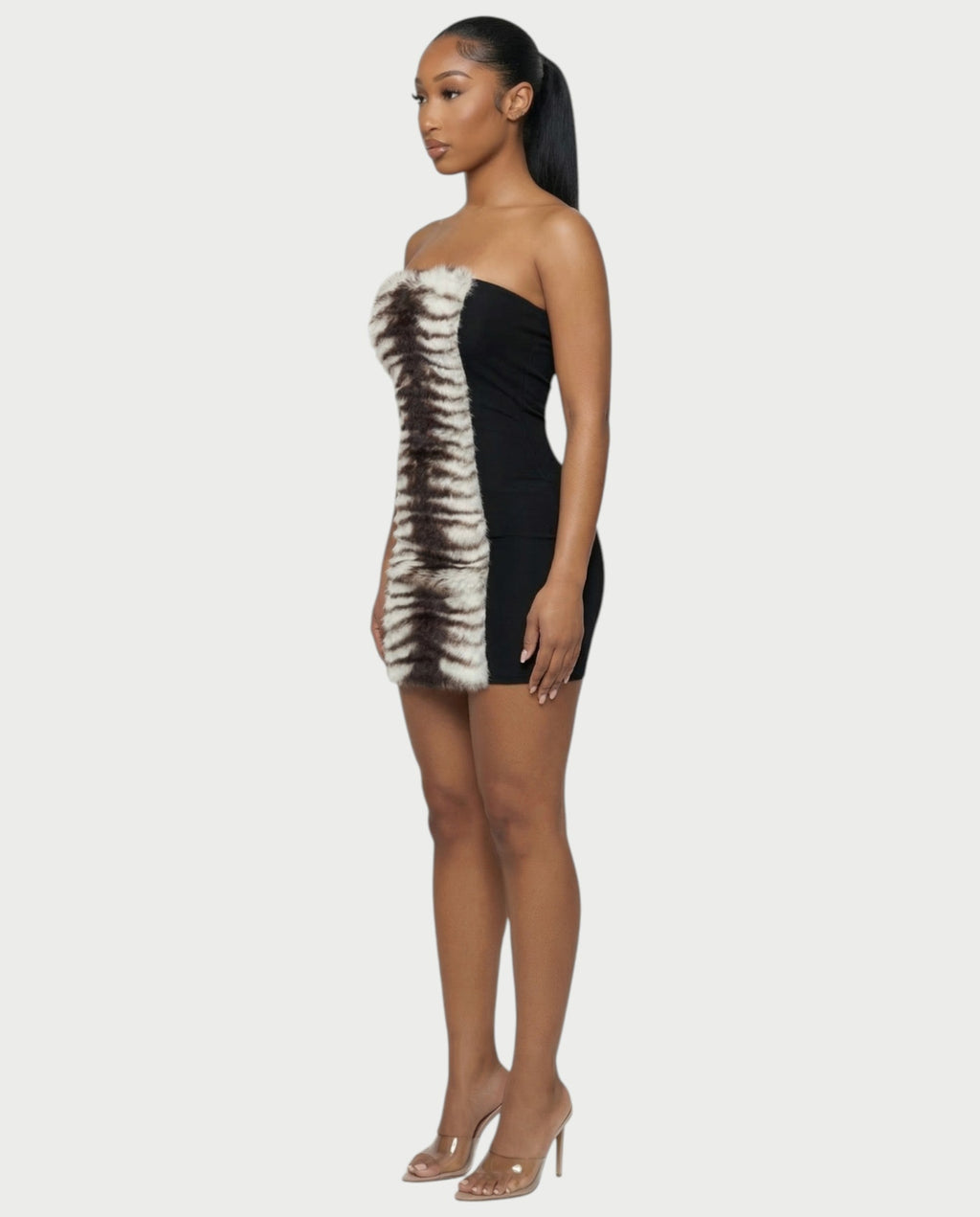 HALIYA Zebra Faux-Fur Bodycon Mini Dress
