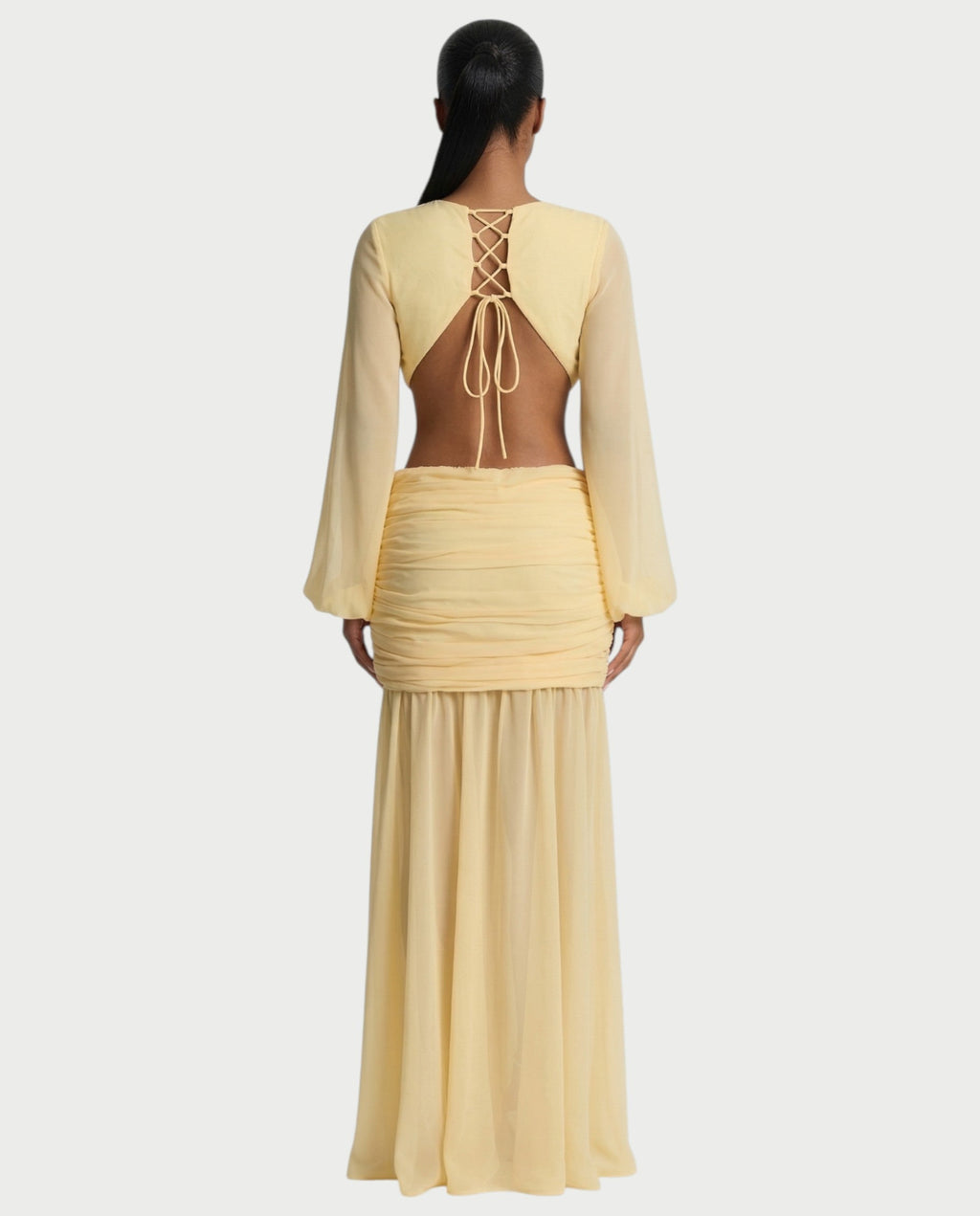 RAIZA Open Back Draped Chiffon Maxi Dress