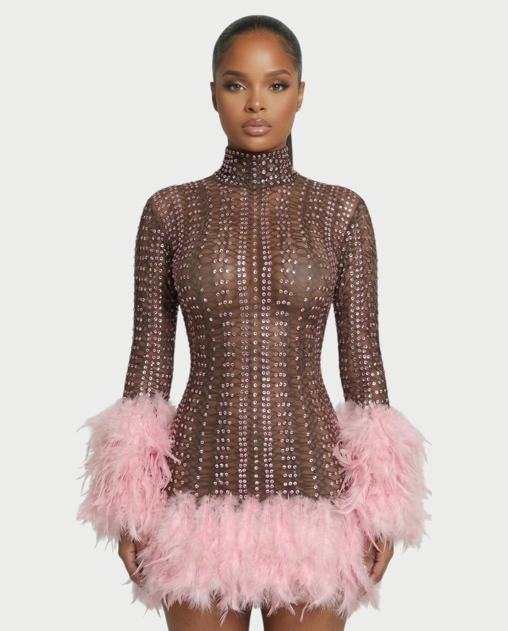 VINA Sheer Crystal Feather Trim Mini Dress