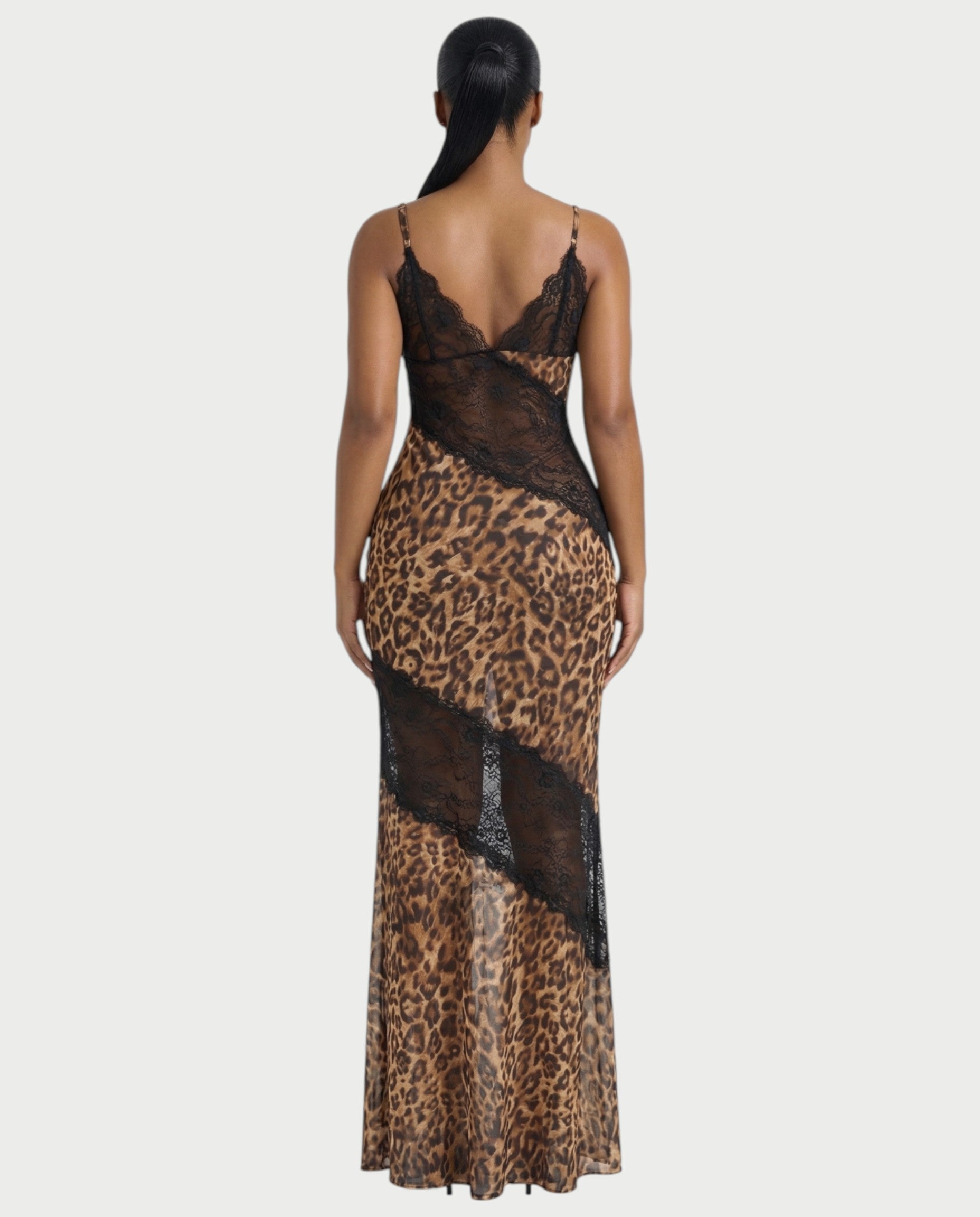 GRETA Leopard Lace Panel Sheer Maxi Dress
