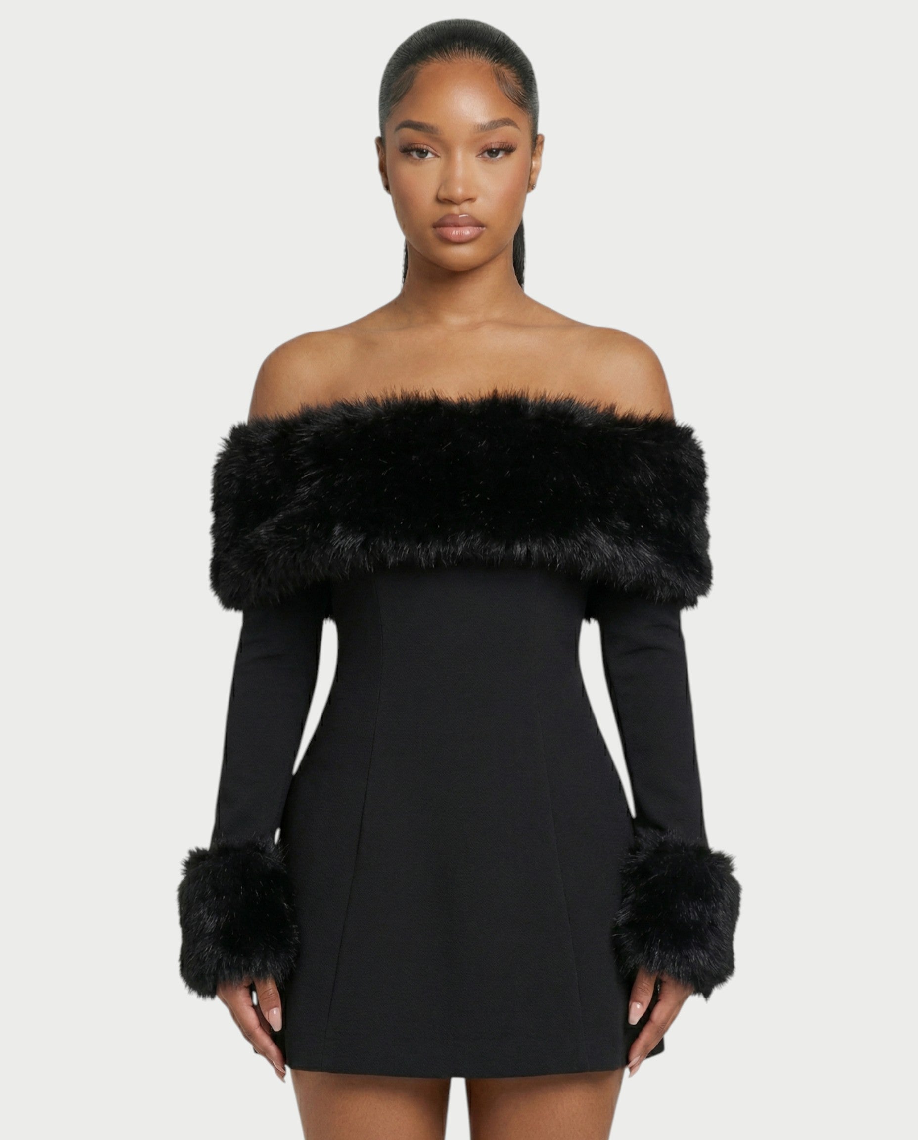 NIRAYA Off-Shoulder Faux Fur Trim Mini Dress
