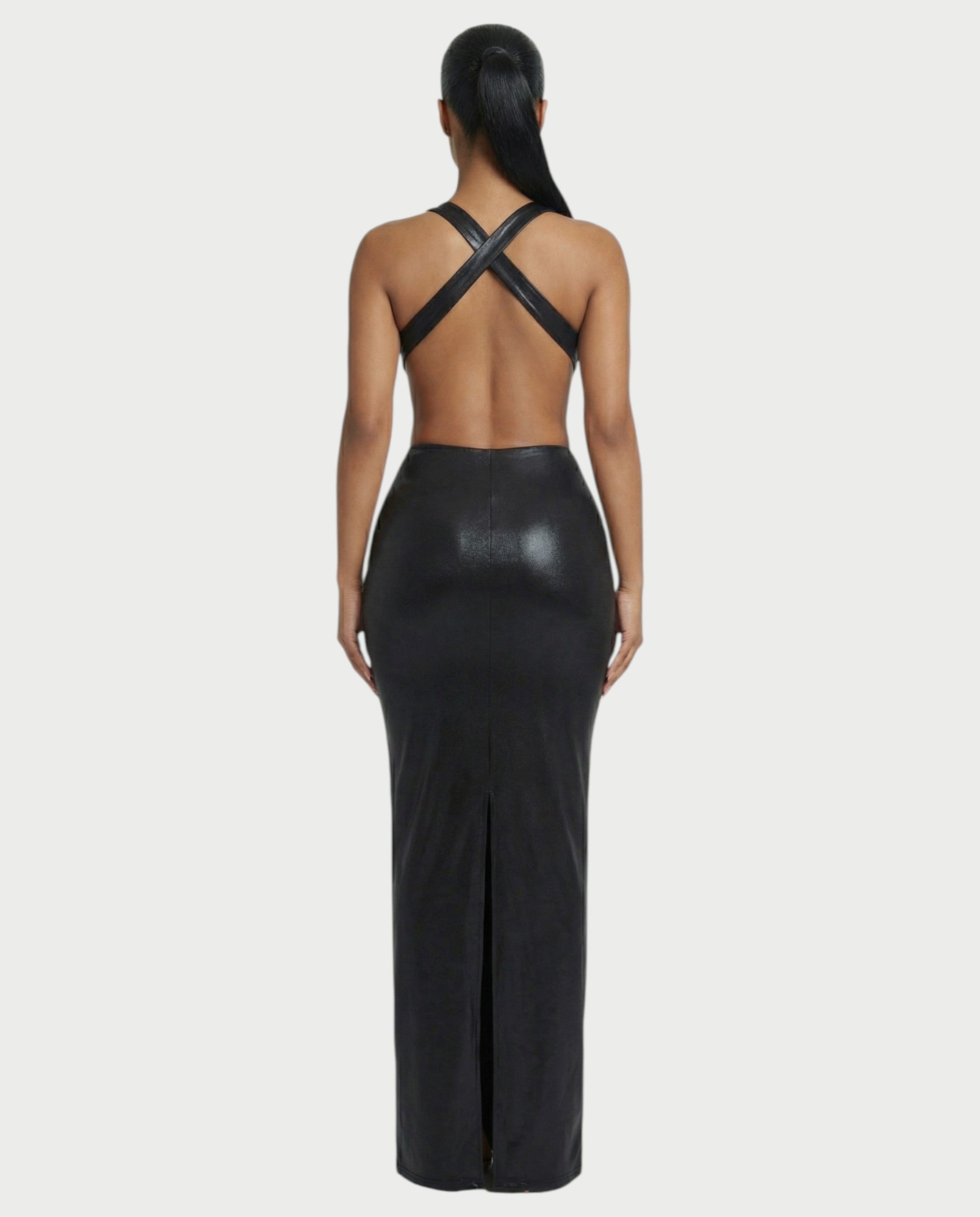 RINEYA Metallic Cutout Halter Neck Maxi Dress