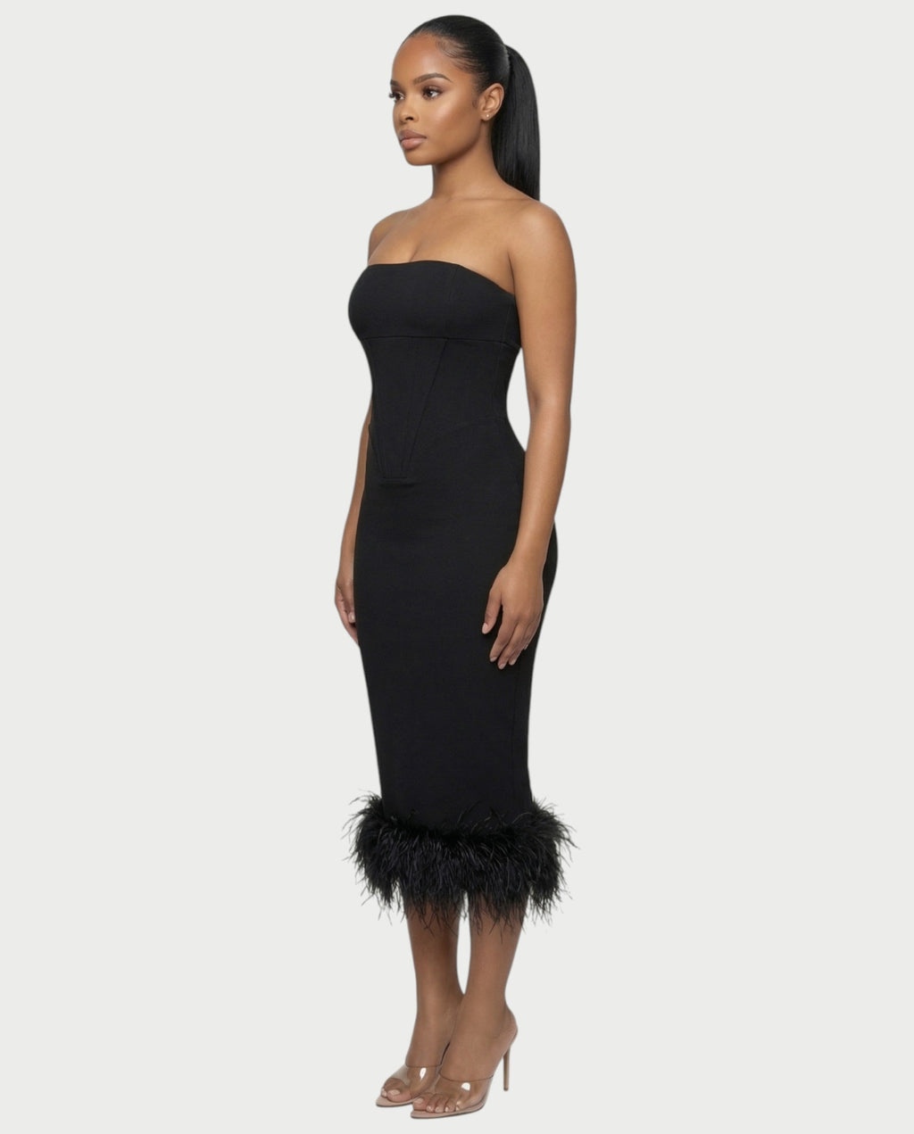 SOYANA Corset Strapless Feather Midi Dress