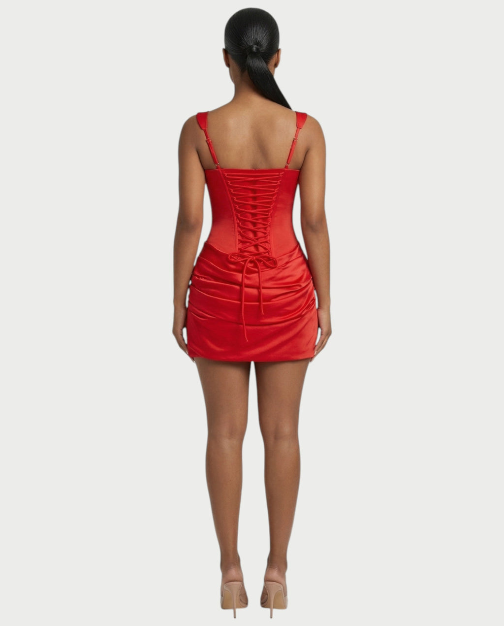 ROANE Square-Neck Ruched Satin Mini Dress