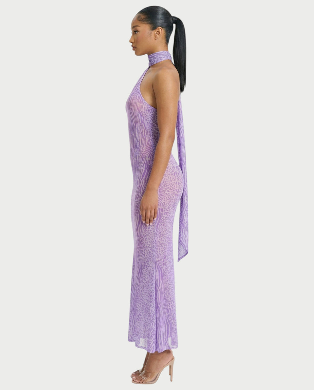 HAYANA Sheer Leopard Scarf Detail Backless Maxi Dress