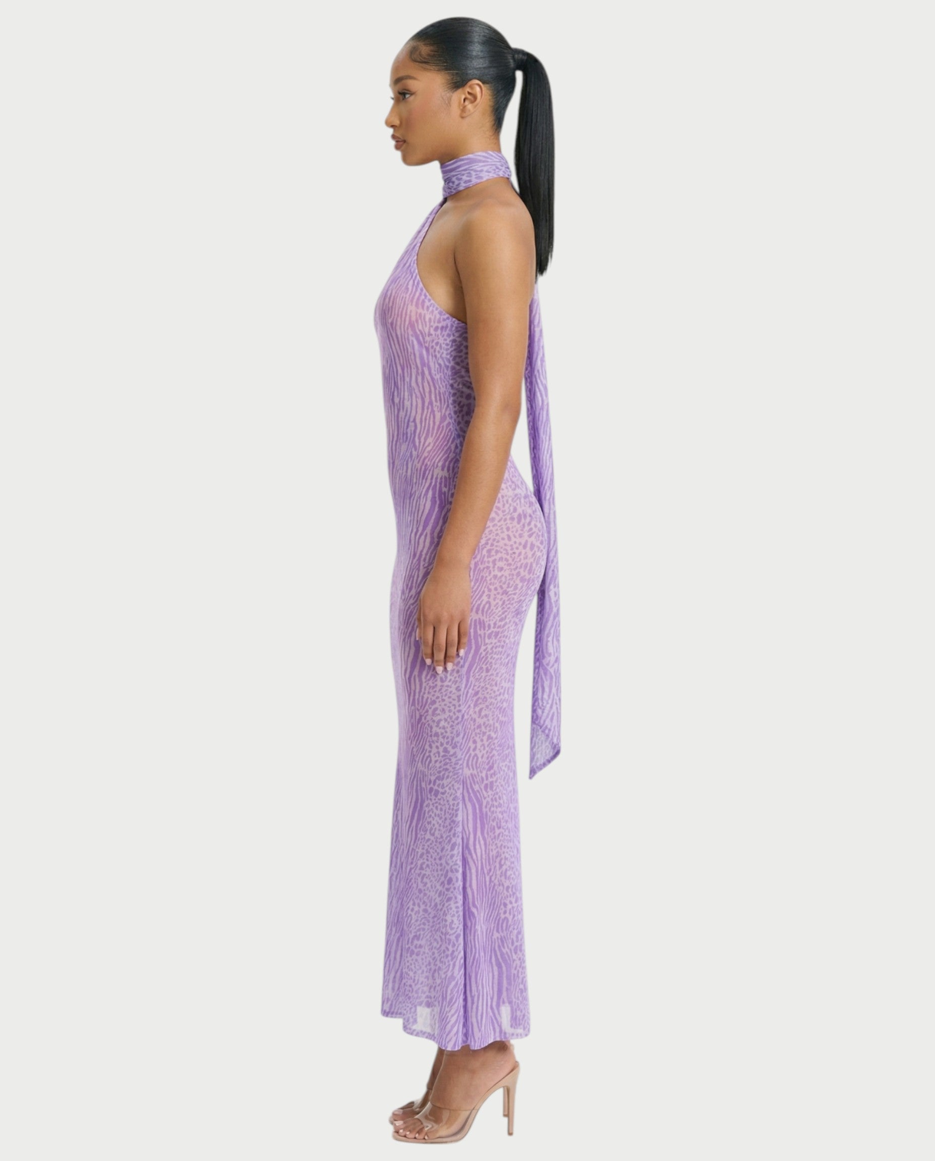 HAYANA Sheer Leopard Scarf Detail Backless Maxi Dress