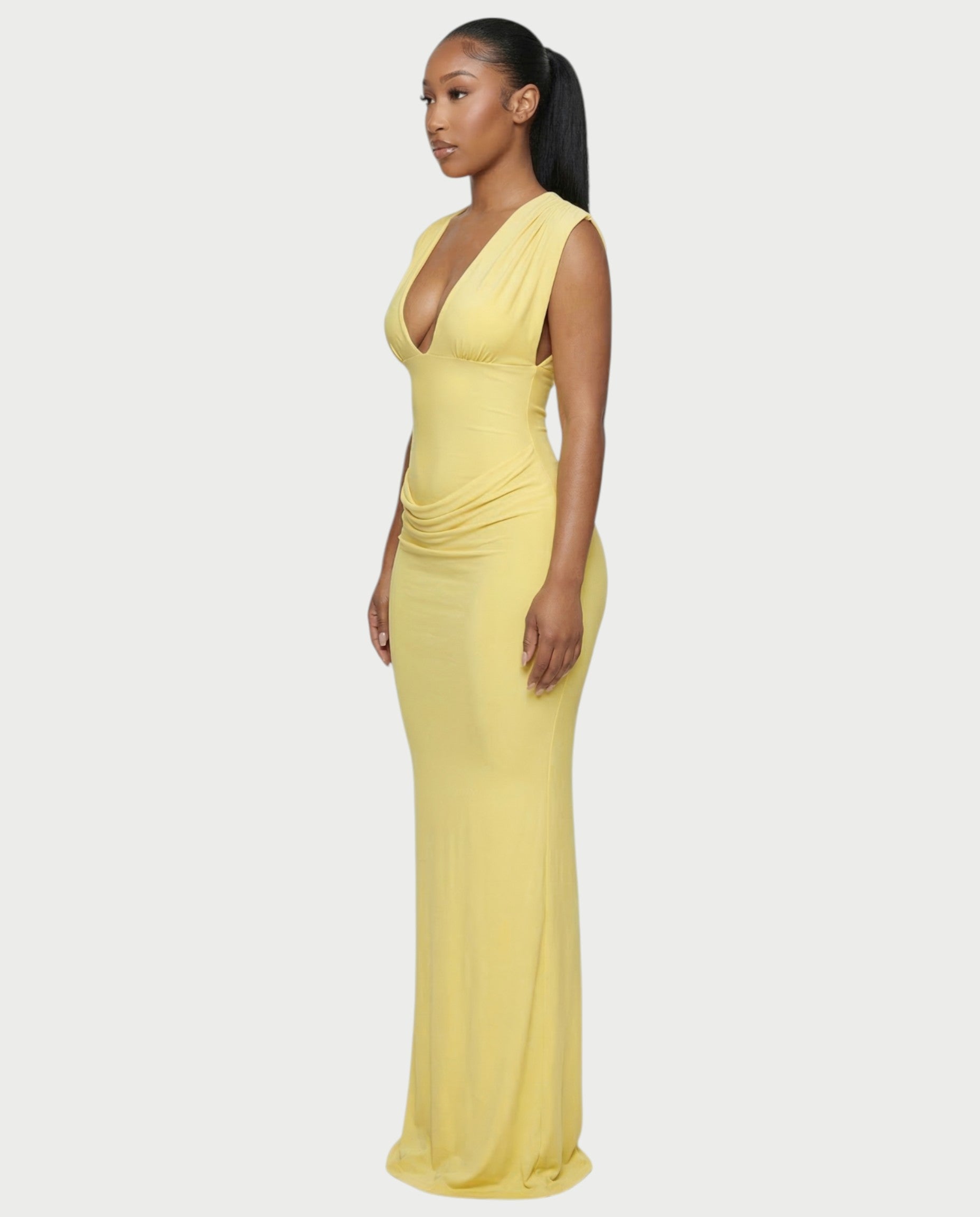 ADLEY Plunge-Neck Ruched Bodycon Maxi Dress
