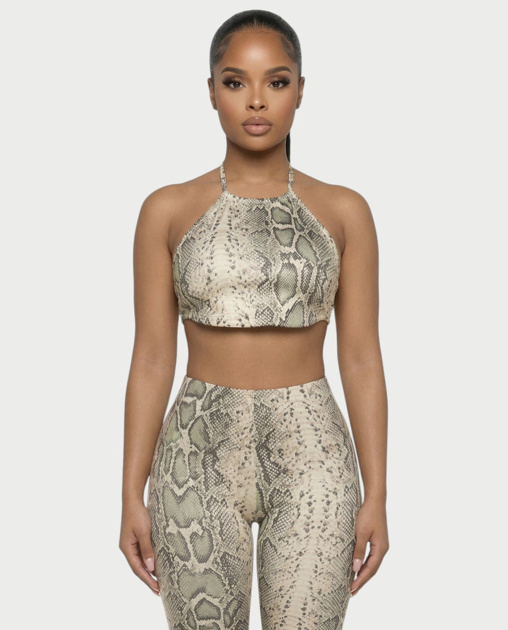 FLORA Snake Print Halter Crop Top & Capri Pants Set