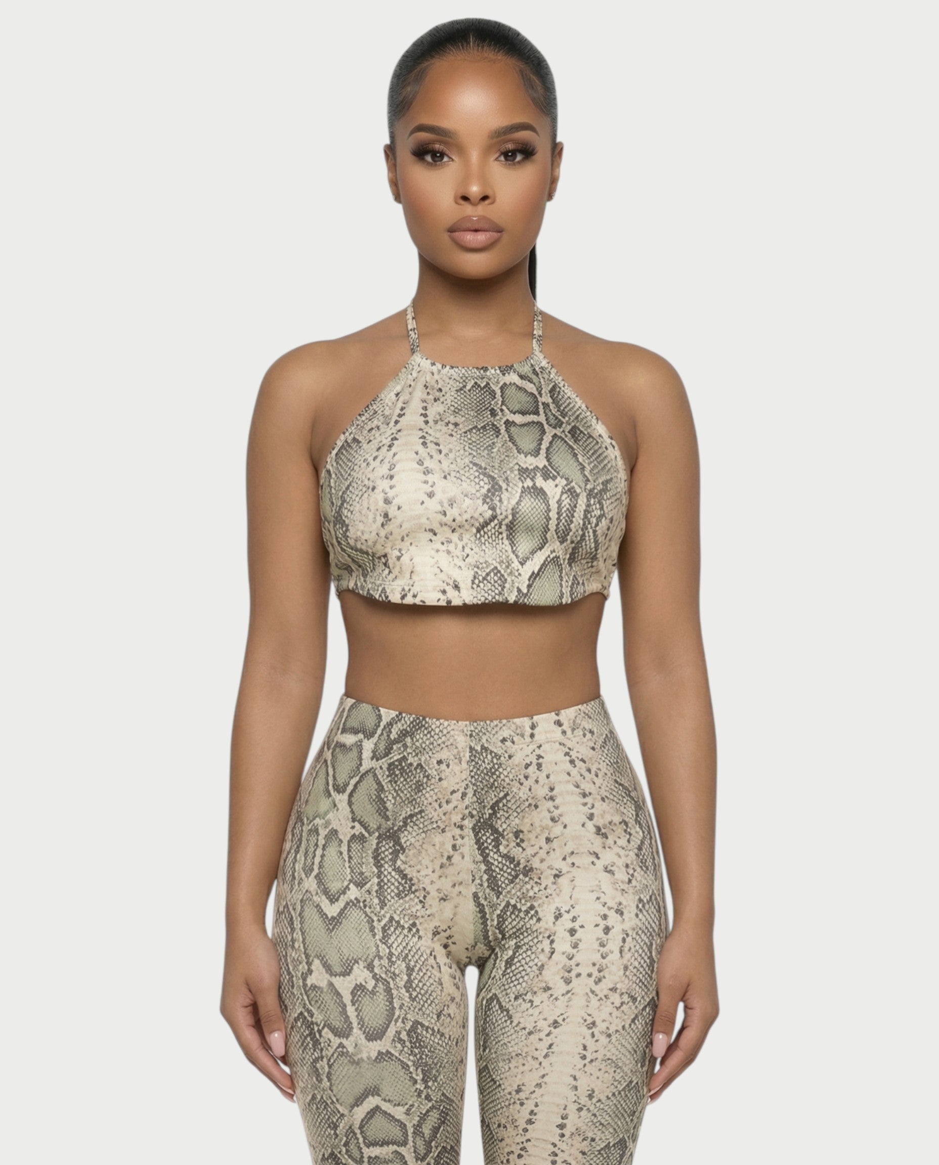 FLORA Snake Print Halter Crop Top & Capri Pants Set