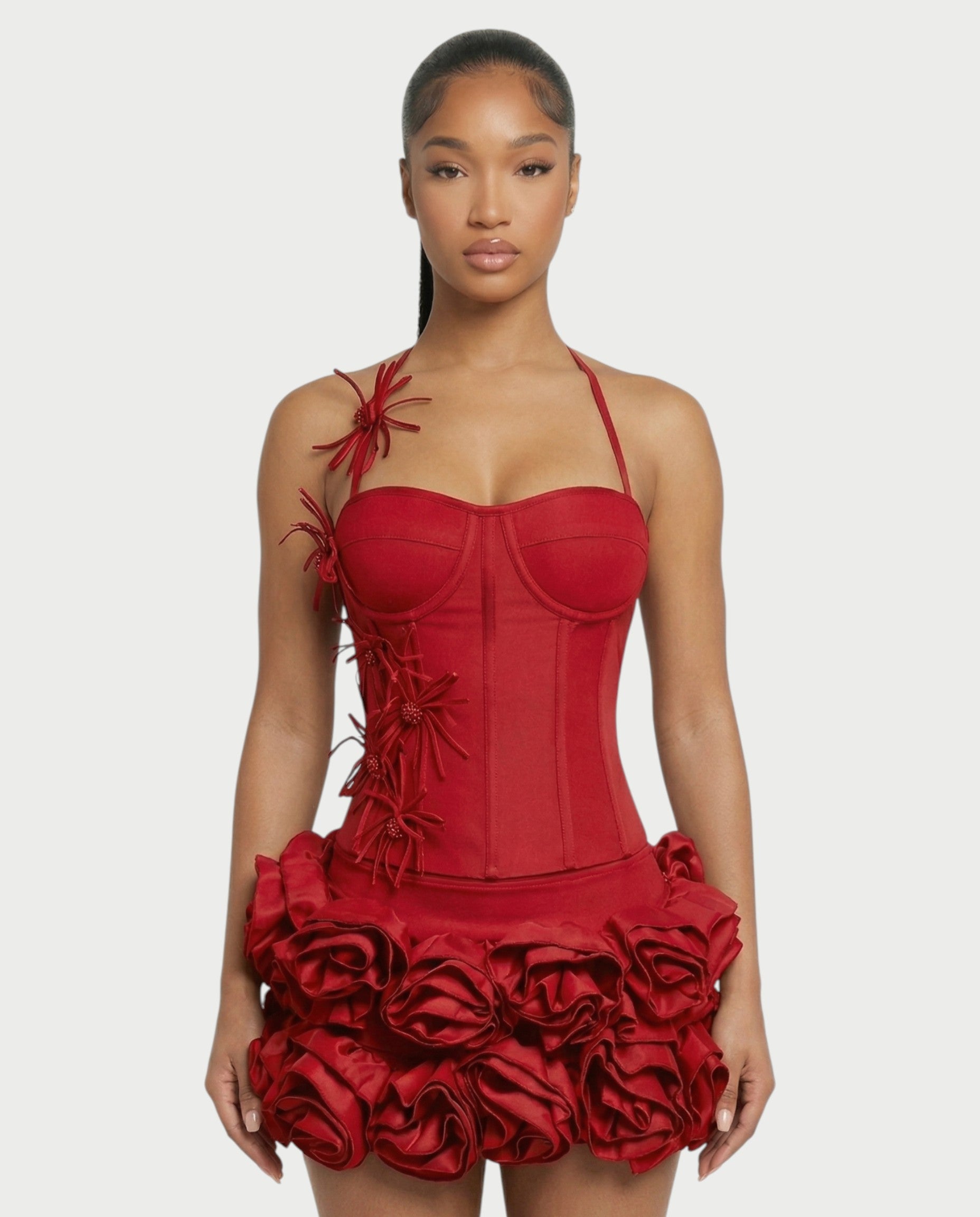 STUCY Floral Appliqué Corset & Mini Skirt Set