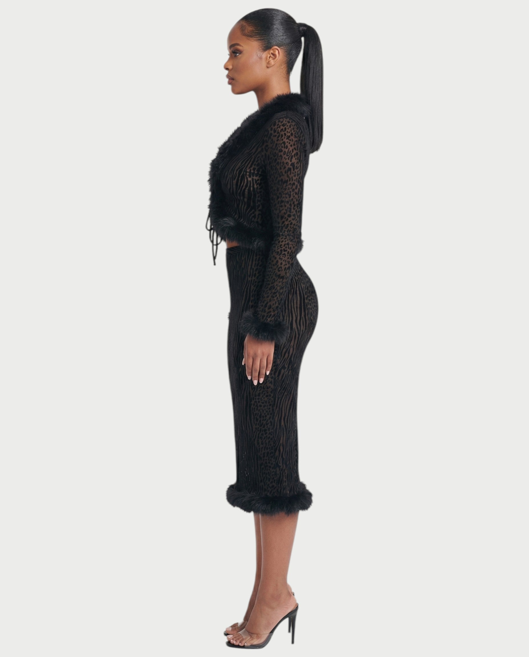 ROMENA Fuax-fur Trim Leopard Top & Midi Skirt Set