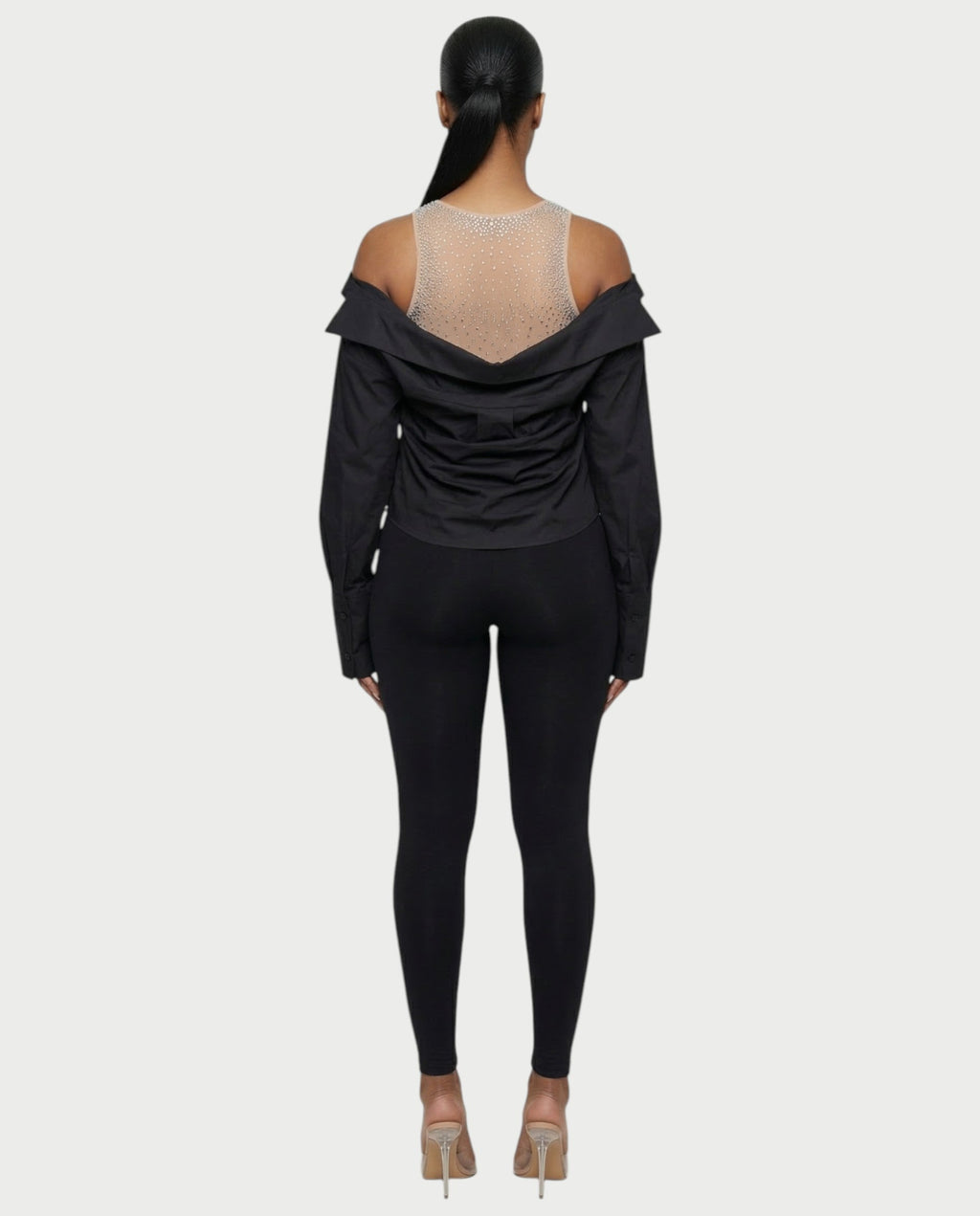LAINE Off-Shoulder Rhinestone Shirt Top