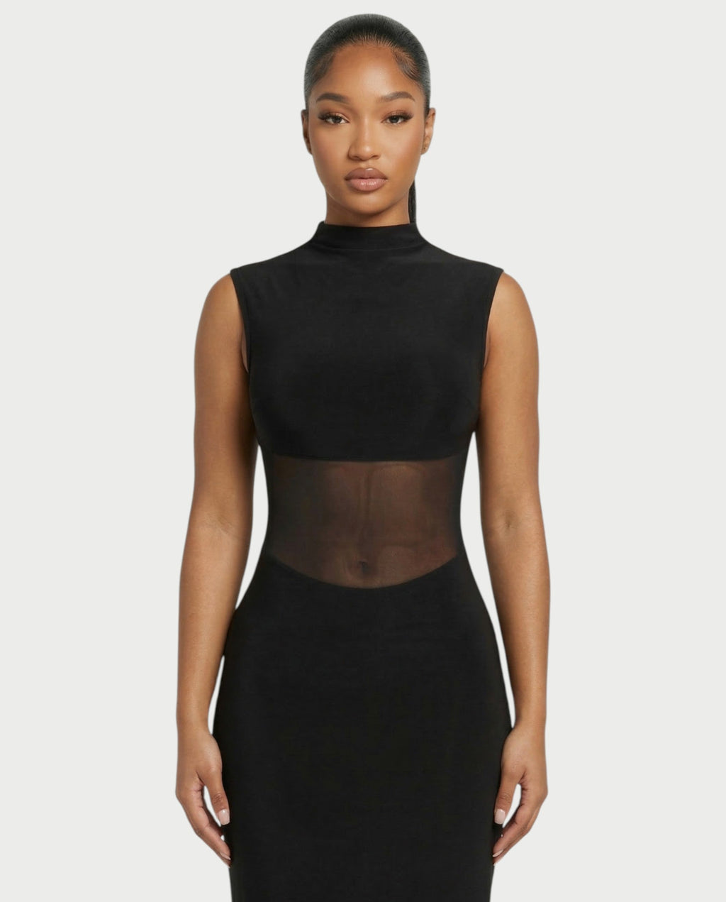DELTA Sheer Panel Mock-Neck Bodycon Maxi Dress