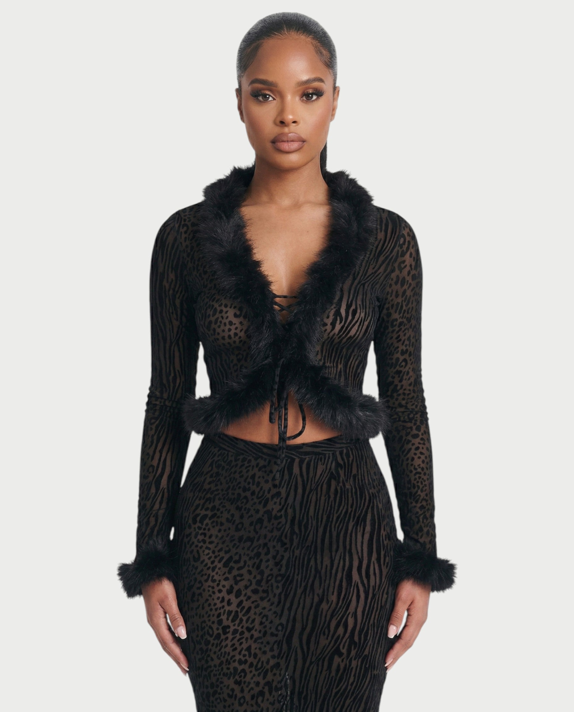 ROMENA Fuax-fur Trim Leopard Top & Midi Skirt Set