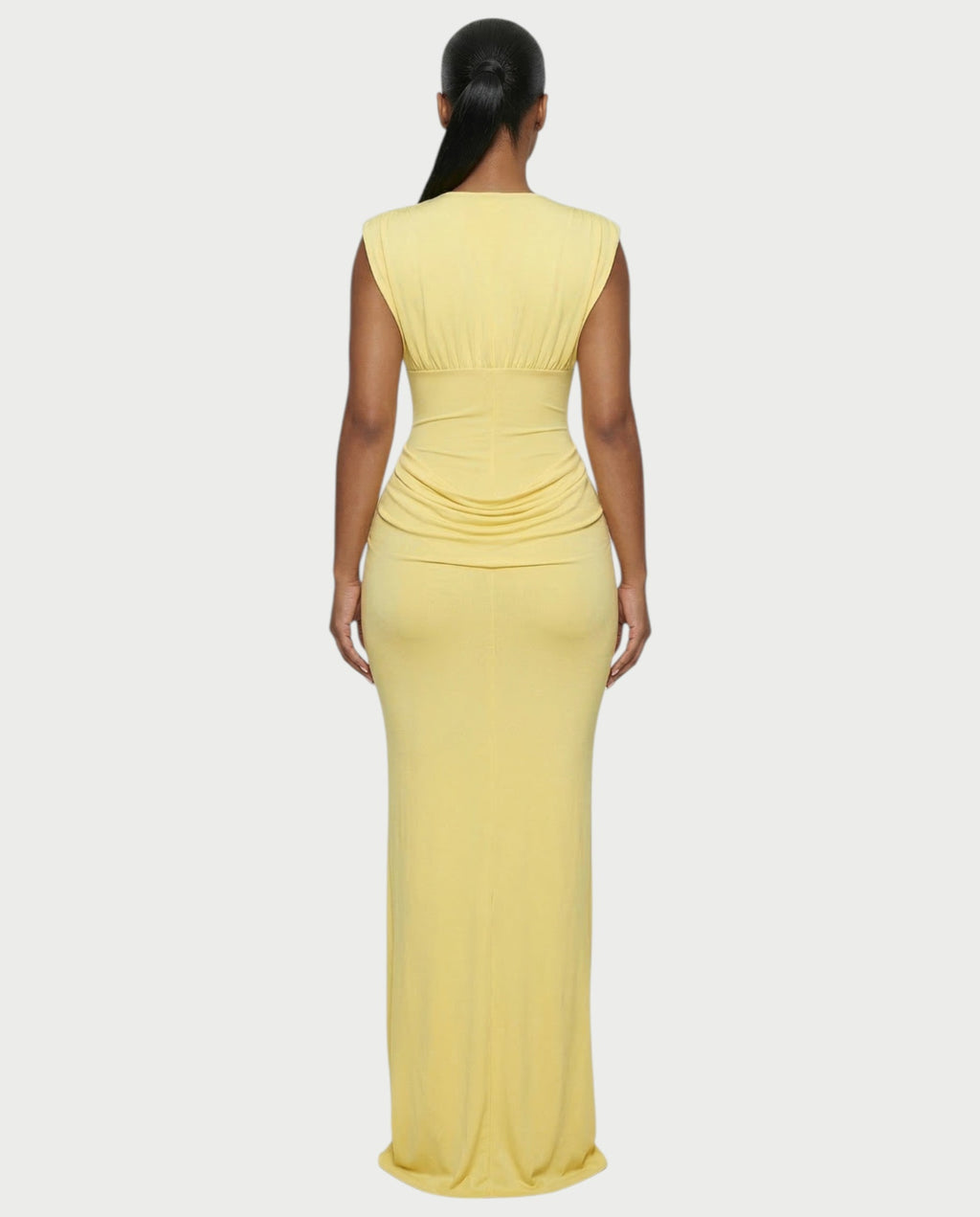 ADLEY Plunge-Neck Ruched Bodycon Maxi Dress