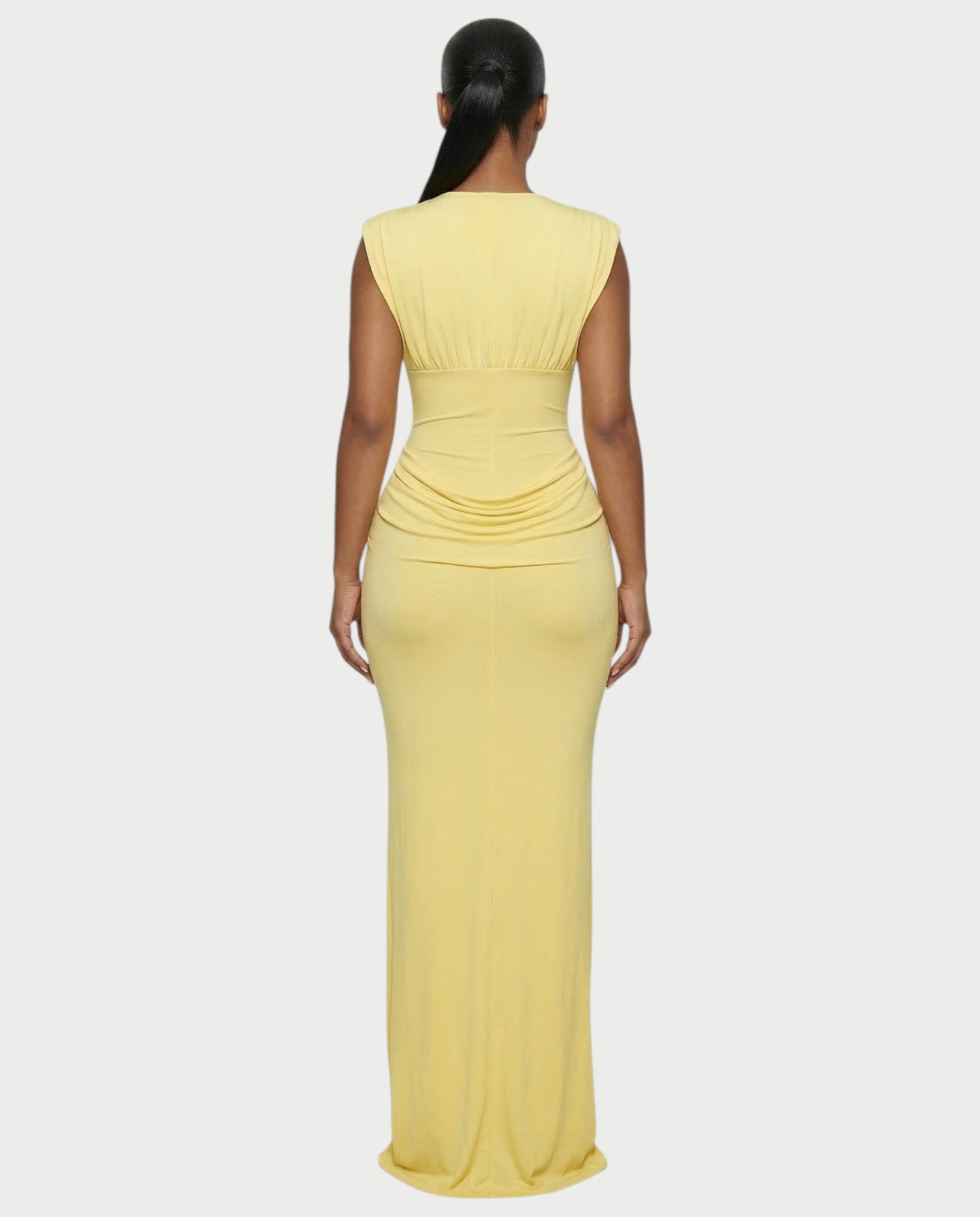 ADLEY Plunge-Neck Ruched Bodycon Maxi Dress