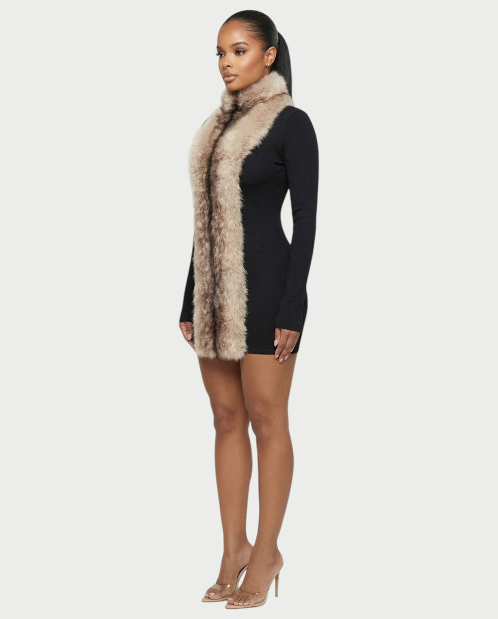 ZAYAH Long Sleeve Faux-Fur Bodycon Mini Dress