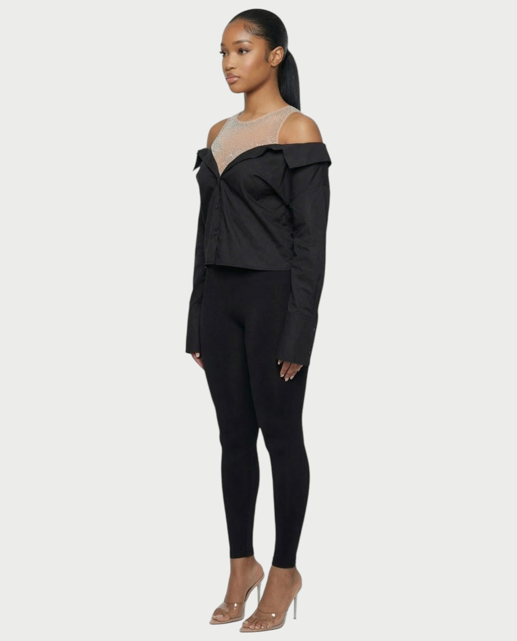 LAINE Off-Shoulder Rhinestone Shirt Top